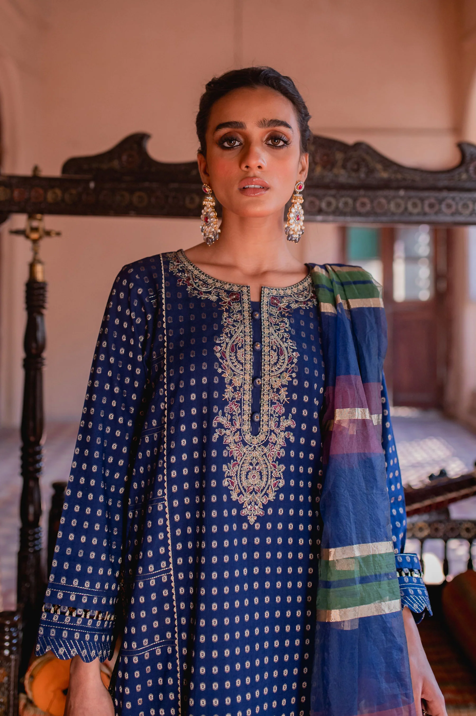 Stitched 3 Piece Maysuri Jacquard with Shaded Organza Suit - Image 4