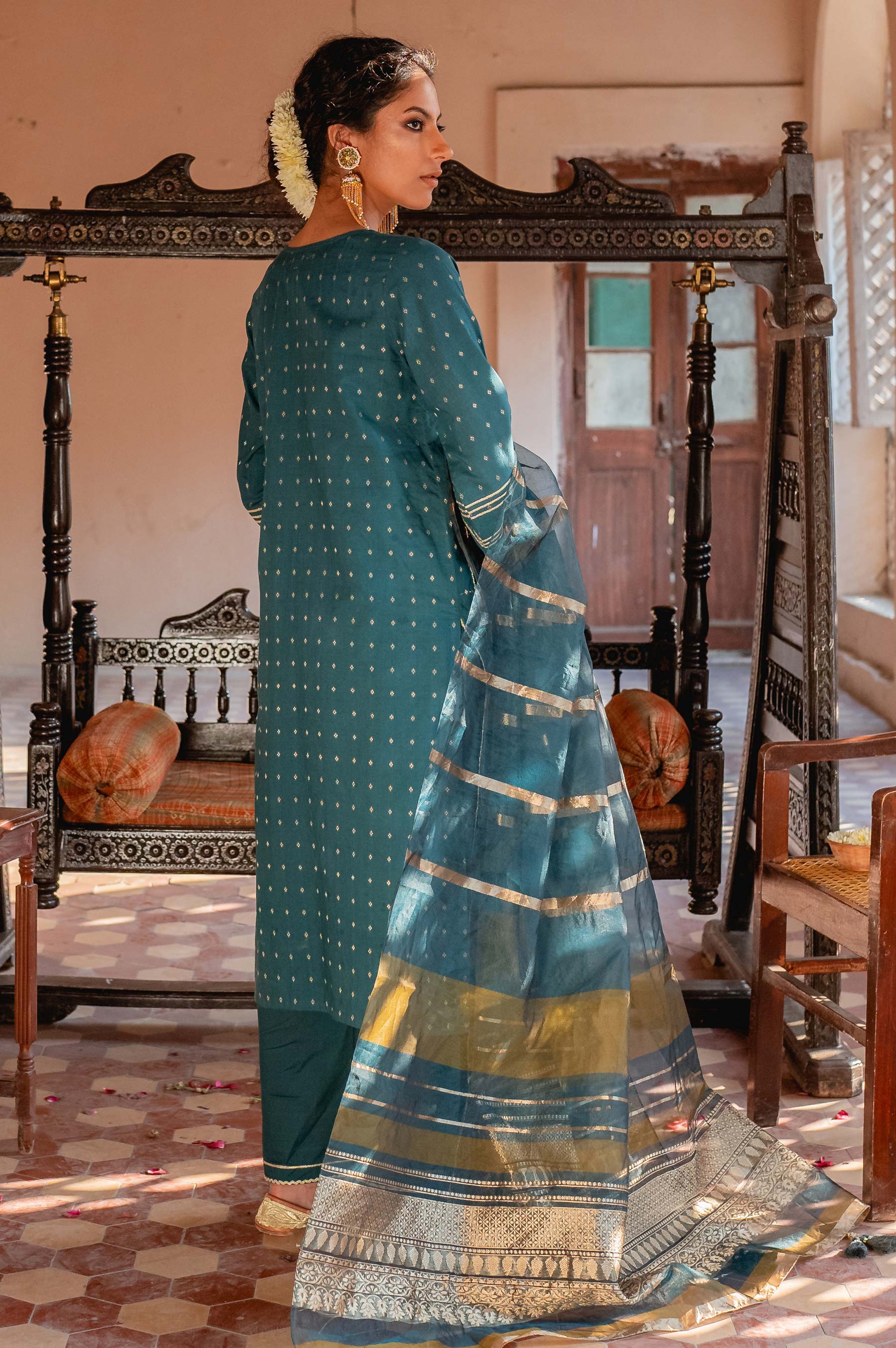 Stitched 3 Piece Maysuri Jacquard with Shaded Organza Suit - Image 2