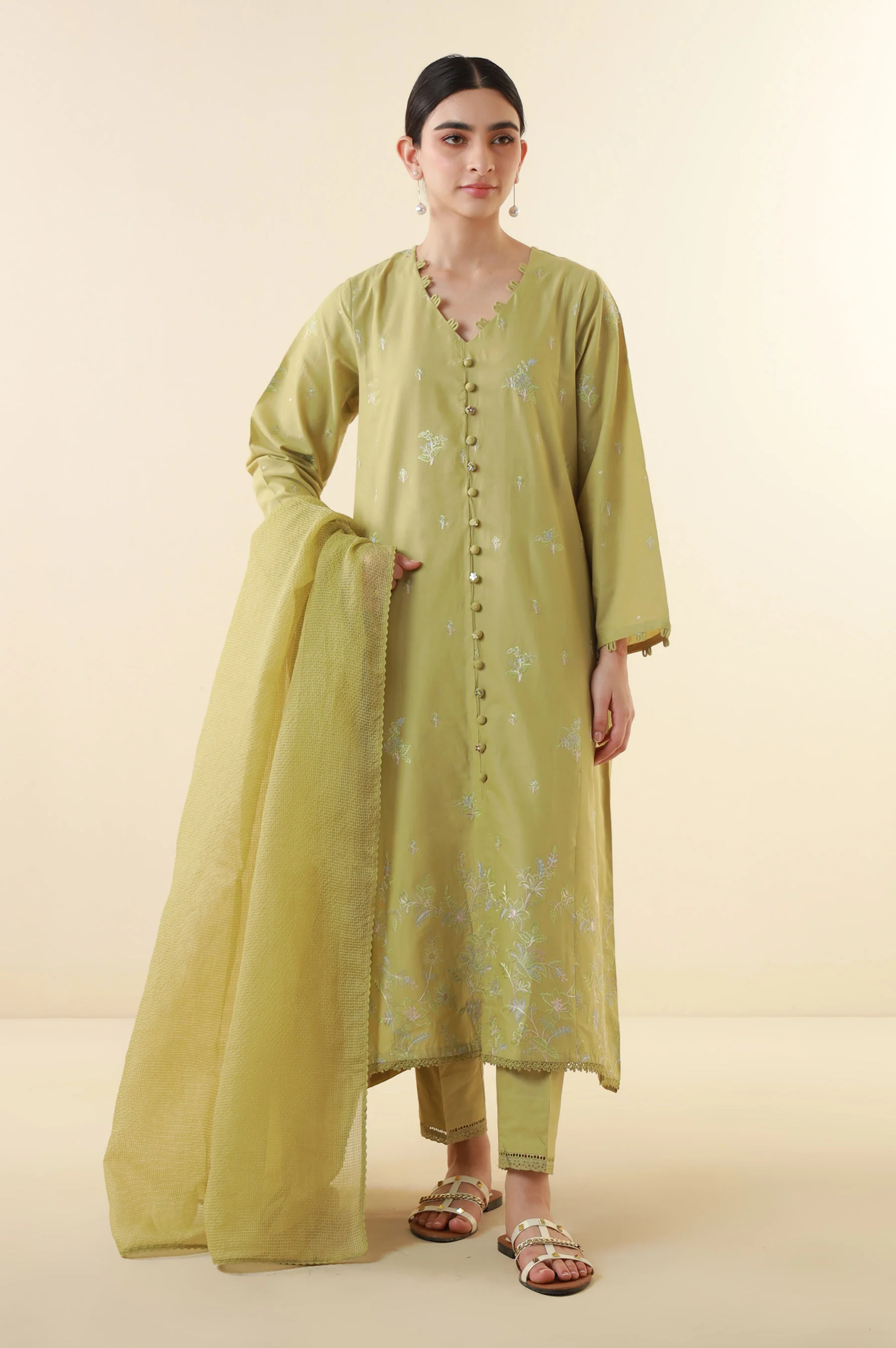 Stitched 3 Piece Embroidered Cambric Outfit - Image 2