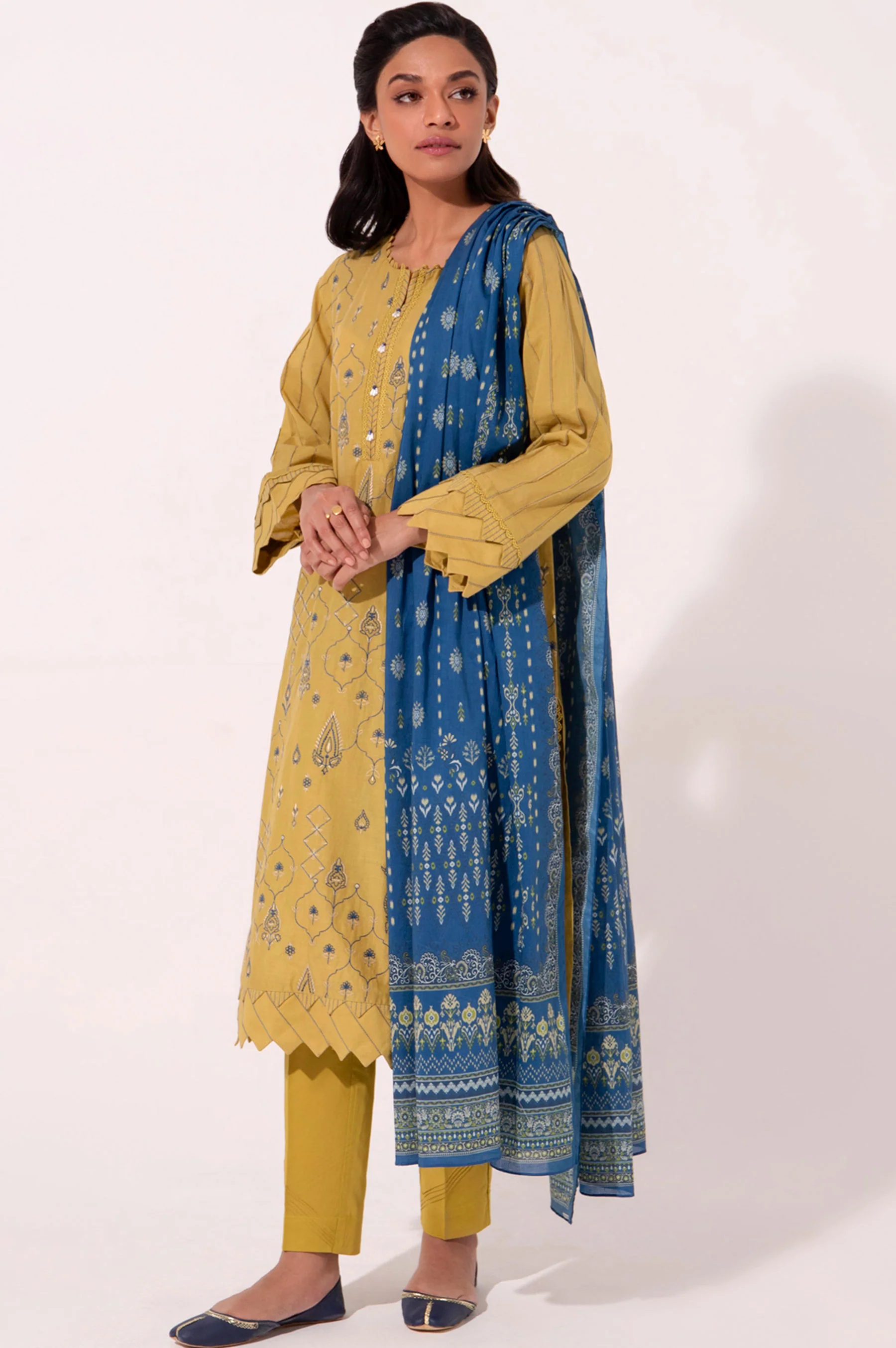 Stitched 3 Piece Embroidered Cambric with Printed Voile Slub Suit - Image 5