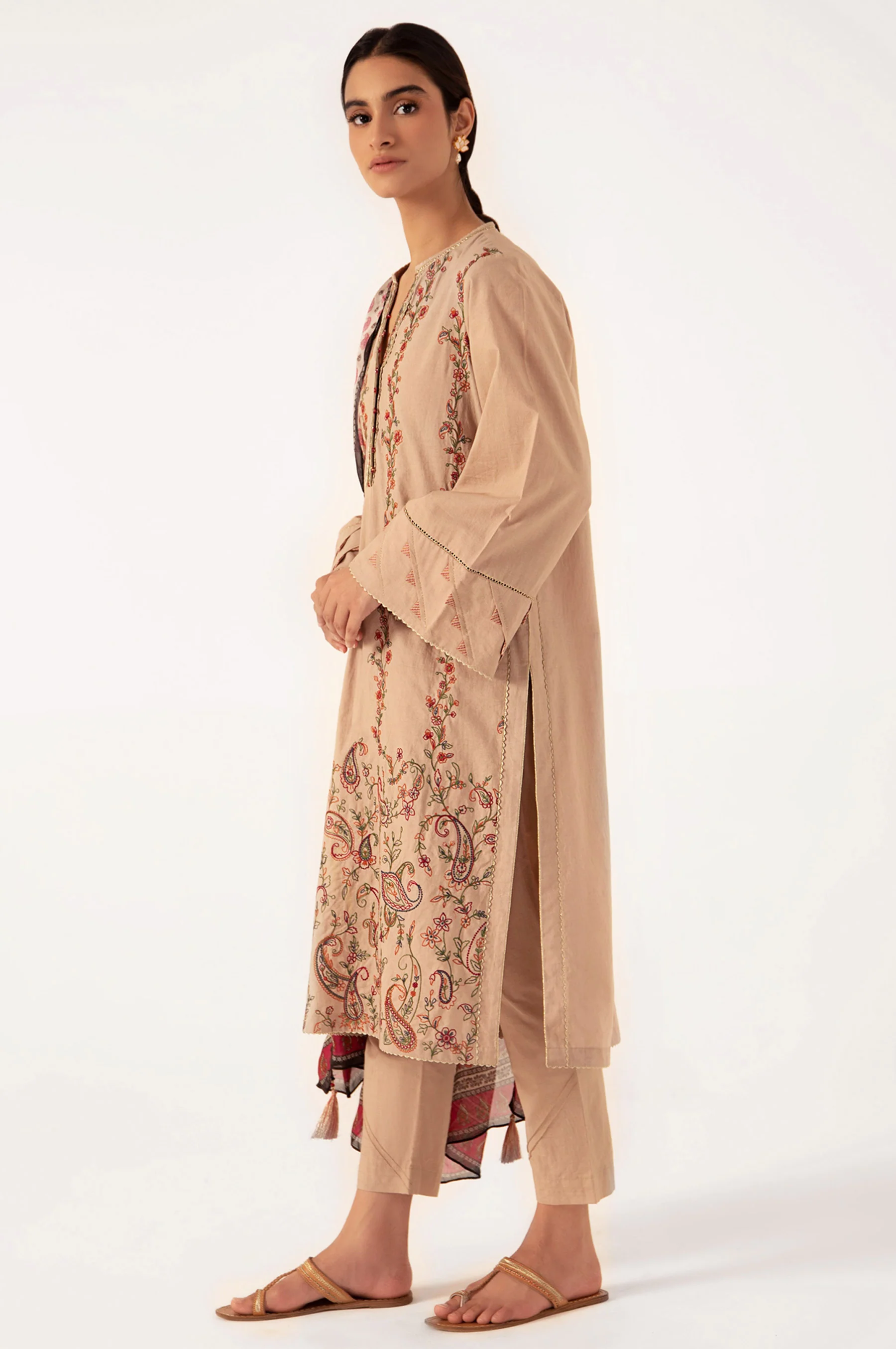 Stitched 3 Piece Embroidered shirt with Tissue Silk Dupatta - Image 3