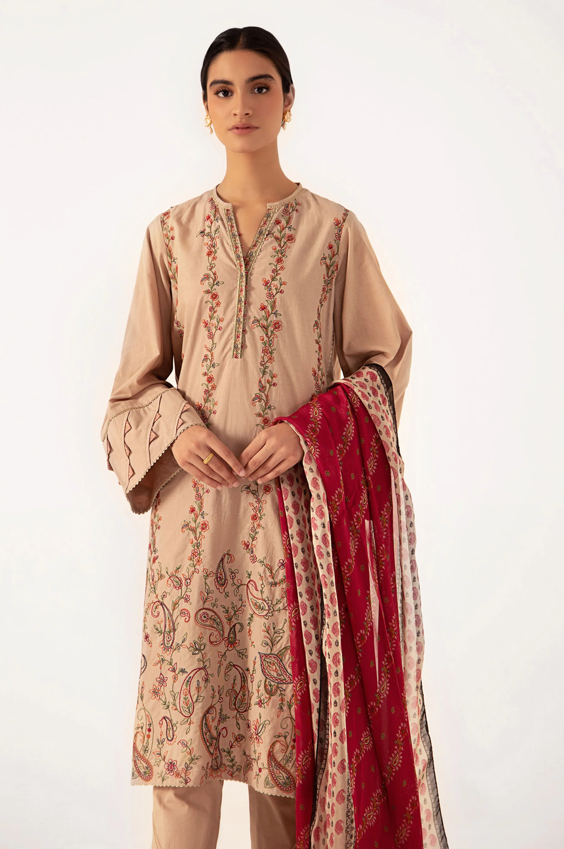 Stitched 3 Piece Embroidered shirt with Tissue Silk Dupatta - Image 6