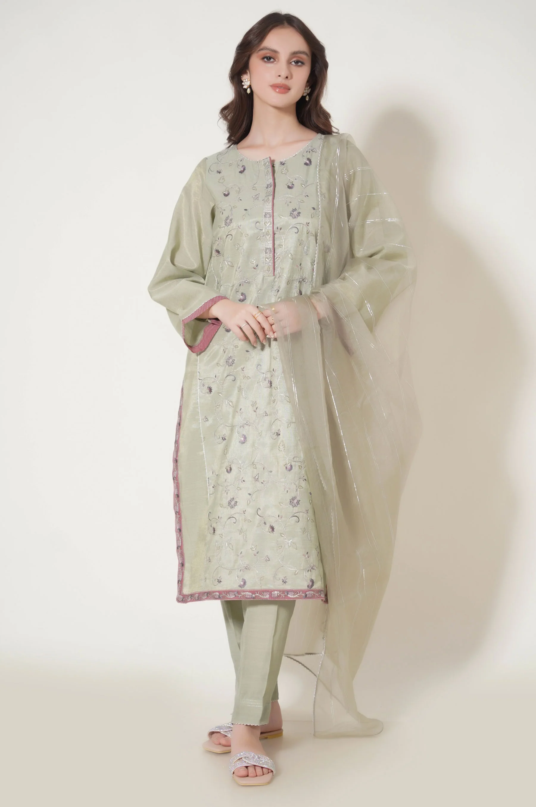 Stitched 3 Piece Cotton Mysuri Embroidered Outfit - Image 5