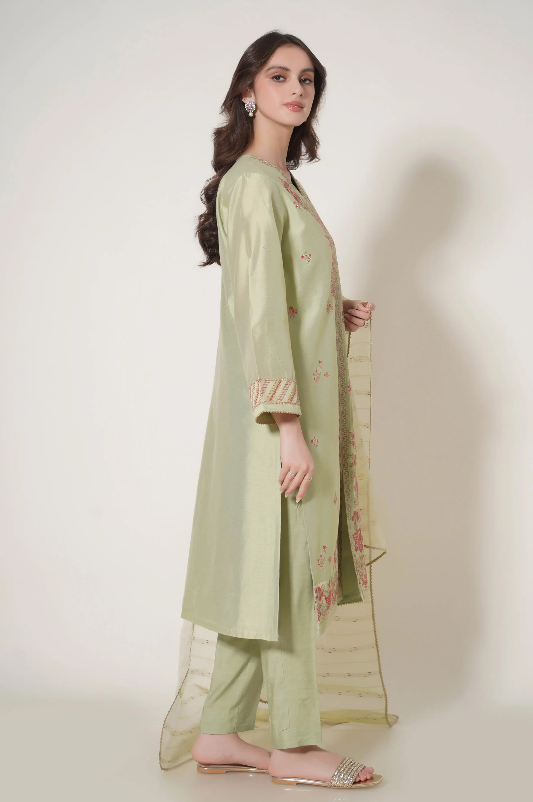 Stitched 3 Piece Embroidered Cotton Net Outfit - Image 3