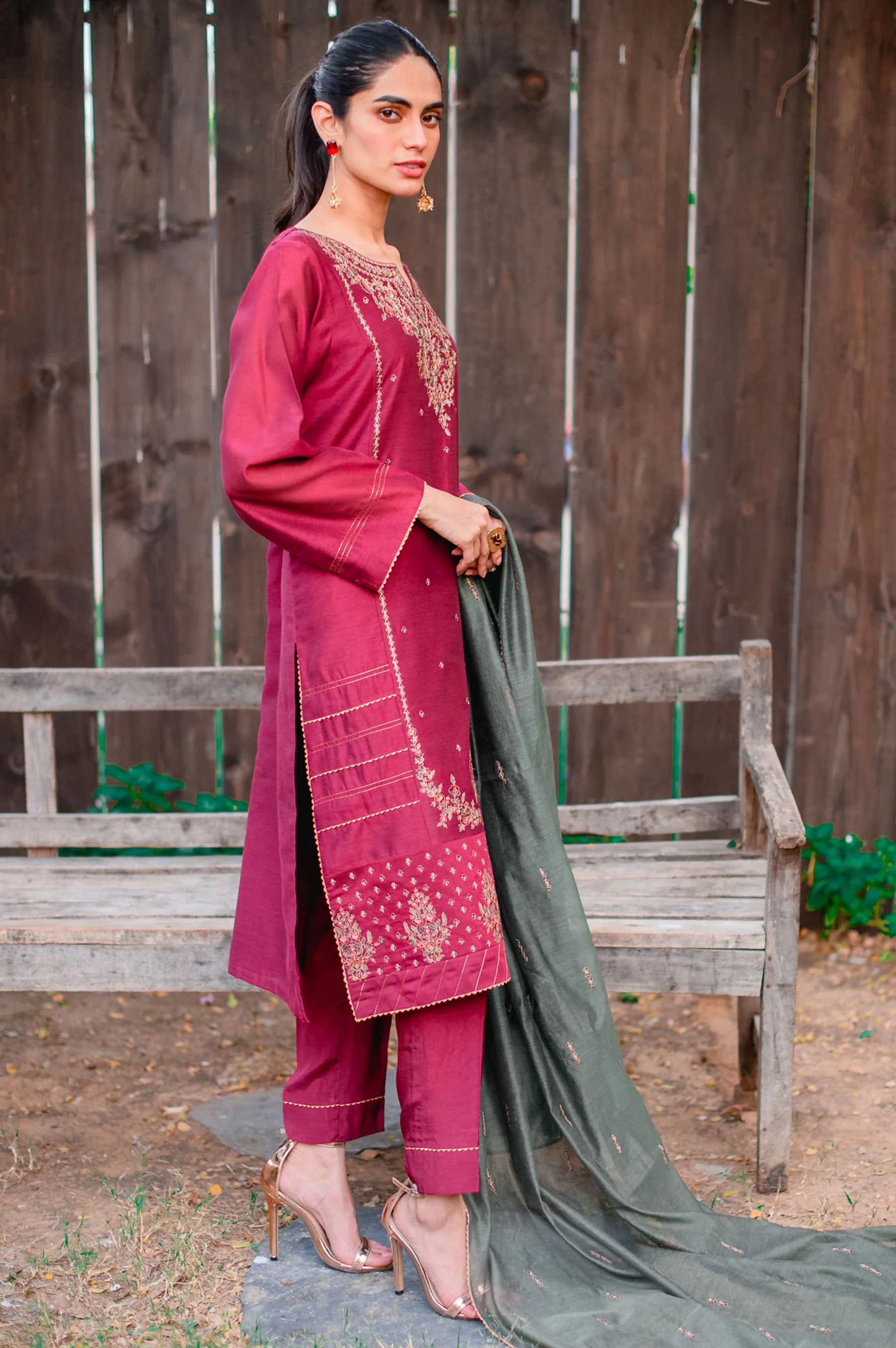 Stitched 3 Piece Cotton Net Embroidered Suit - Image 5