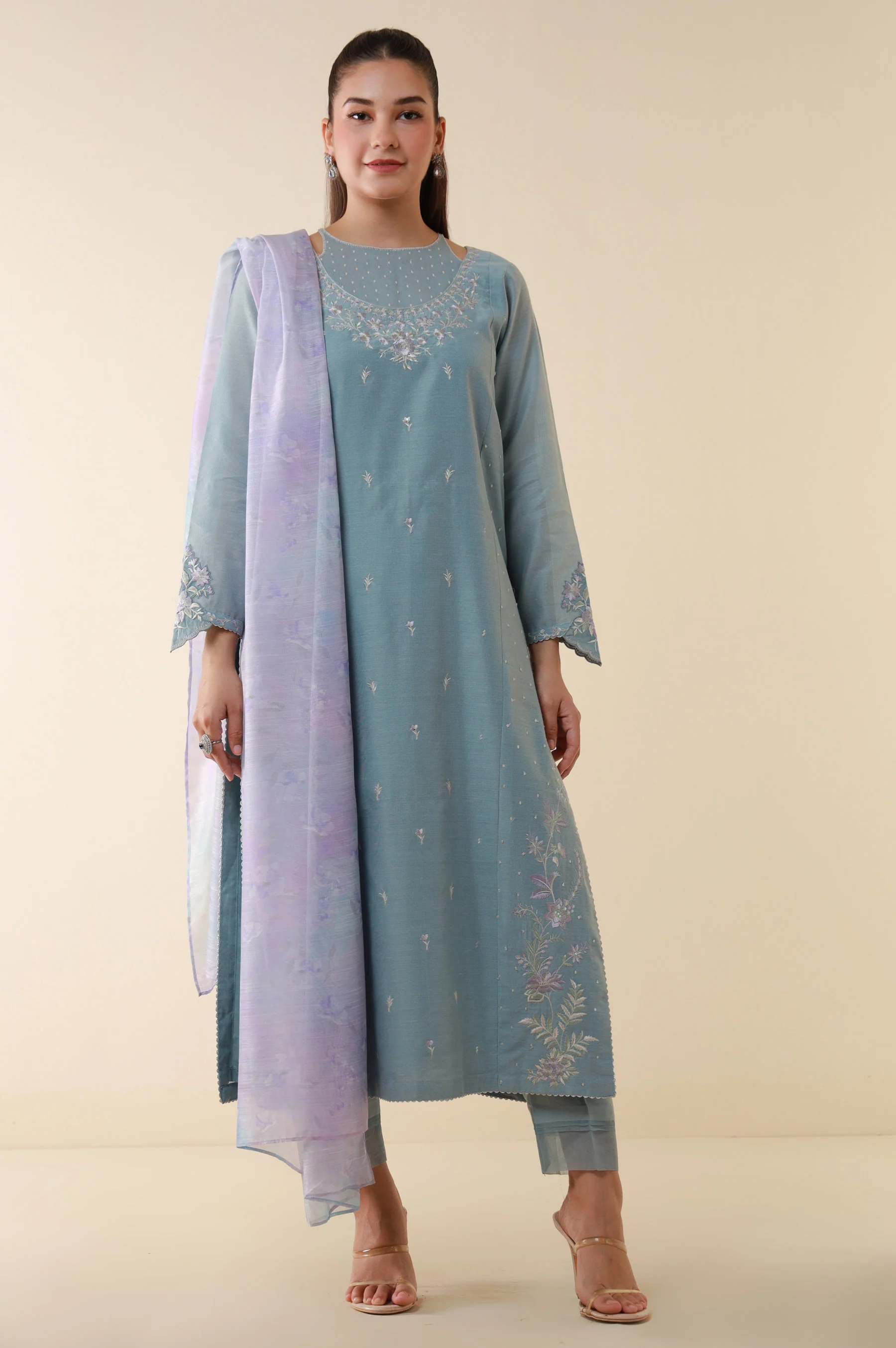 Stitched 3 Piece Embroidered Cotton Net Suit - Image 4