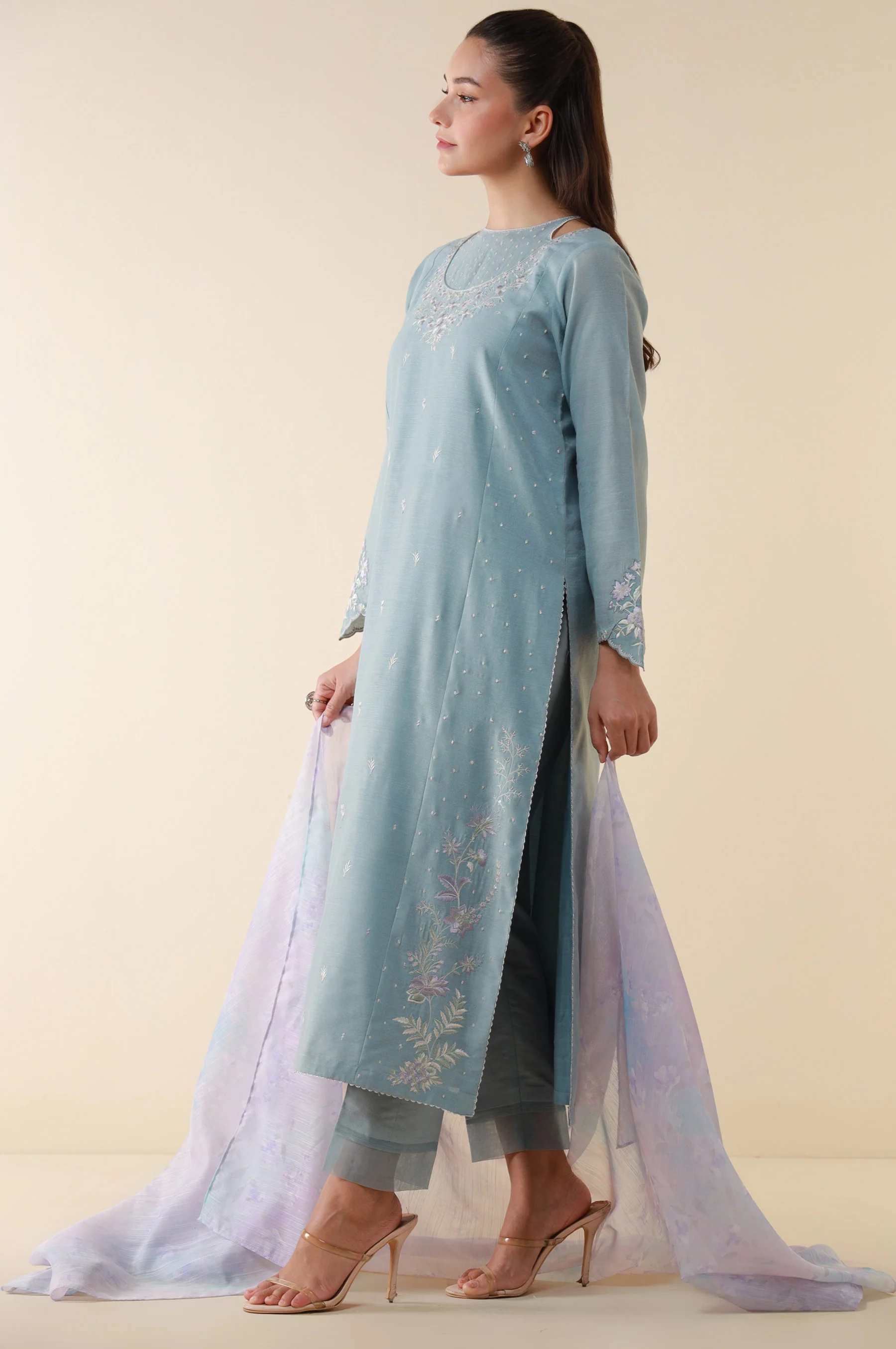 Stitched 3 Piece Embroidered Cotton Net Suit - Image 5