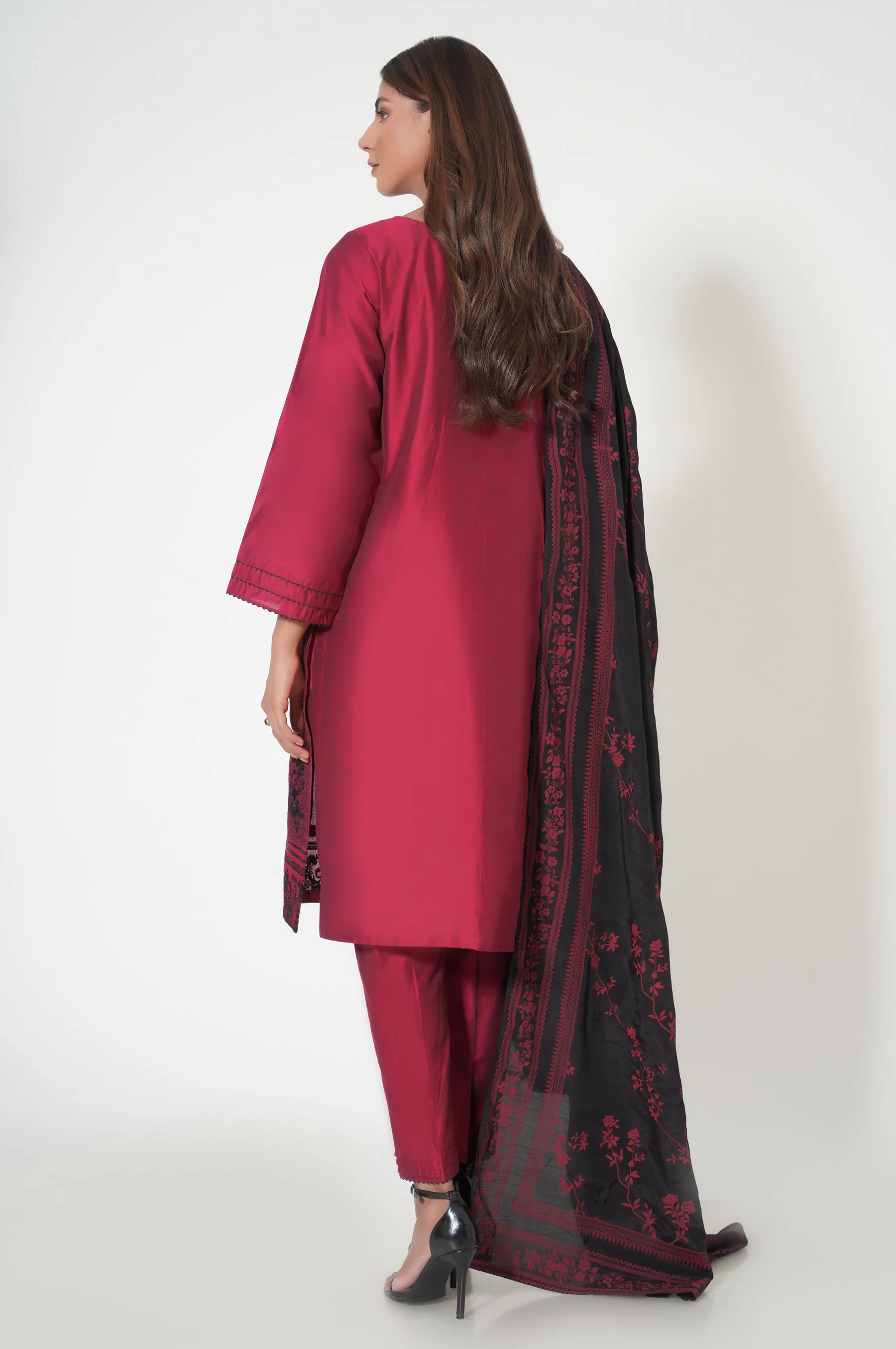 Stitched 3 Piece Embroidered Cotton Silk Outfit - Image 3
