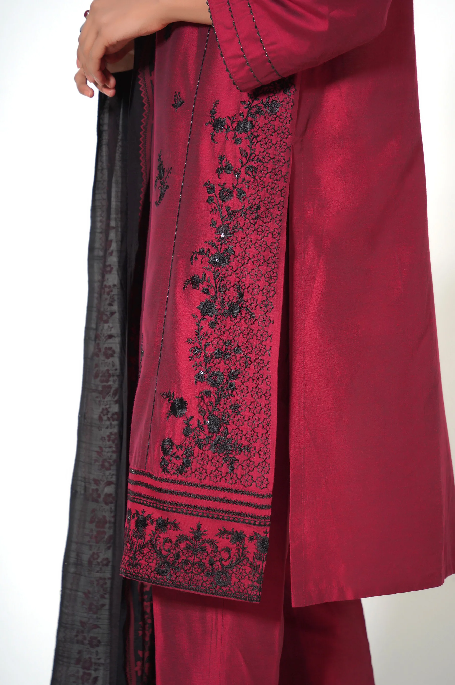 Stitched 3 Piece Embroidered Cotton Silk Outfit - Image 4