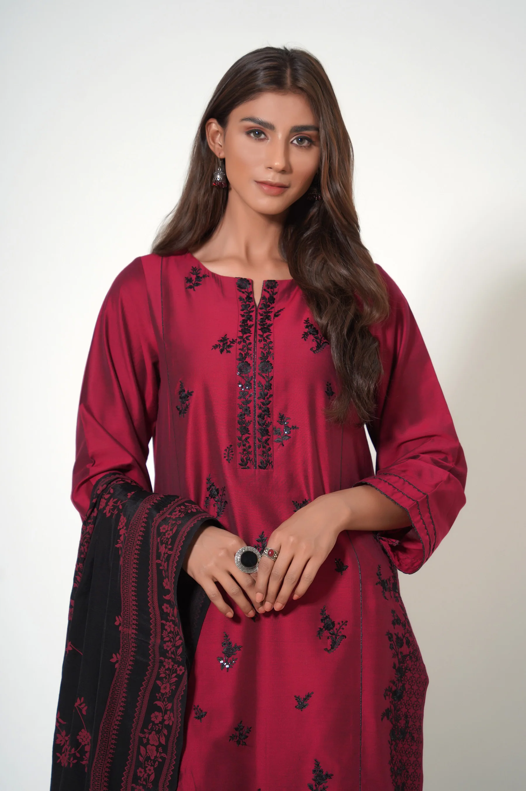 Stitched 3 Piece Embroidered Cotton Silk Outfit - Image 5