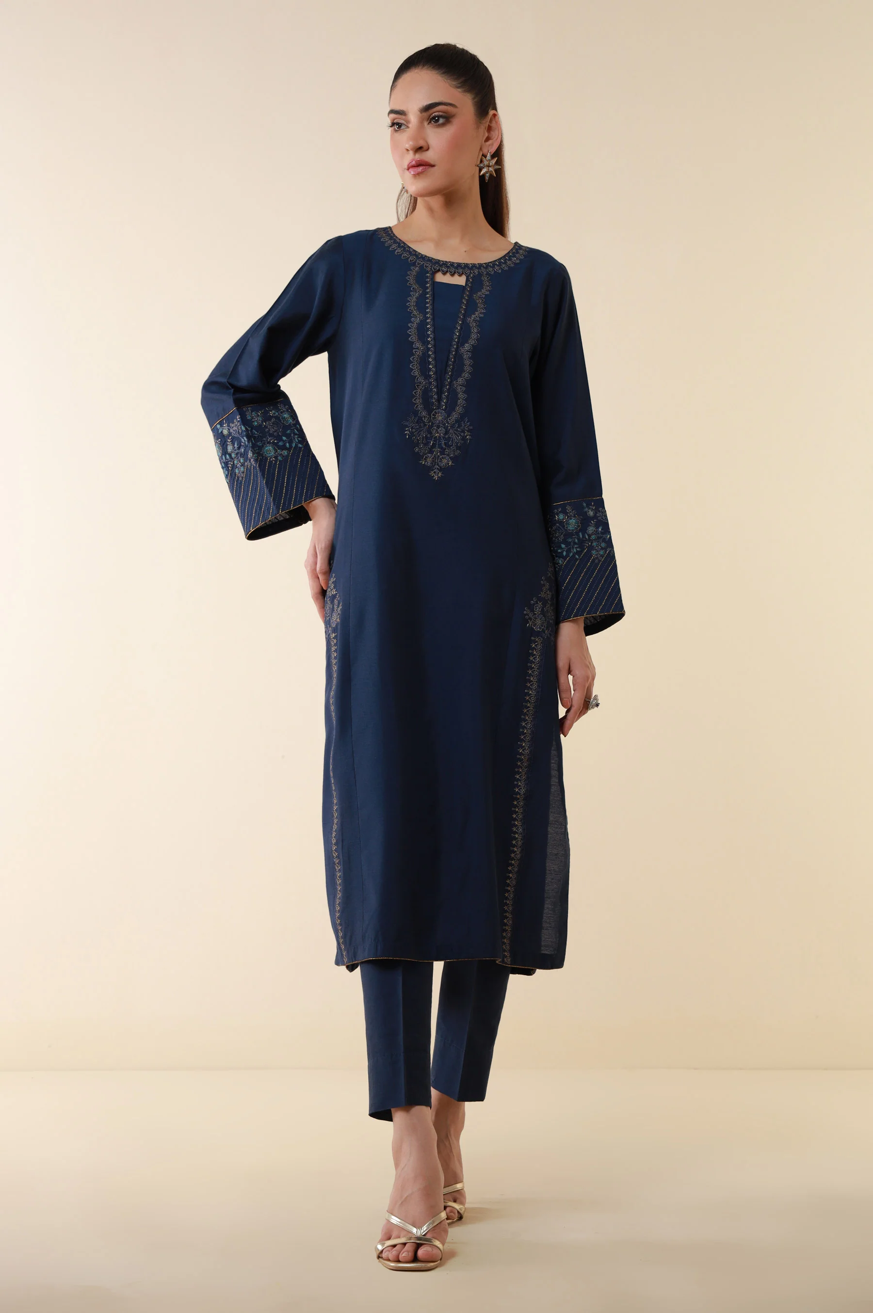Stitched 3 Piece Embroidered Cotton Silk Suit - Image 3