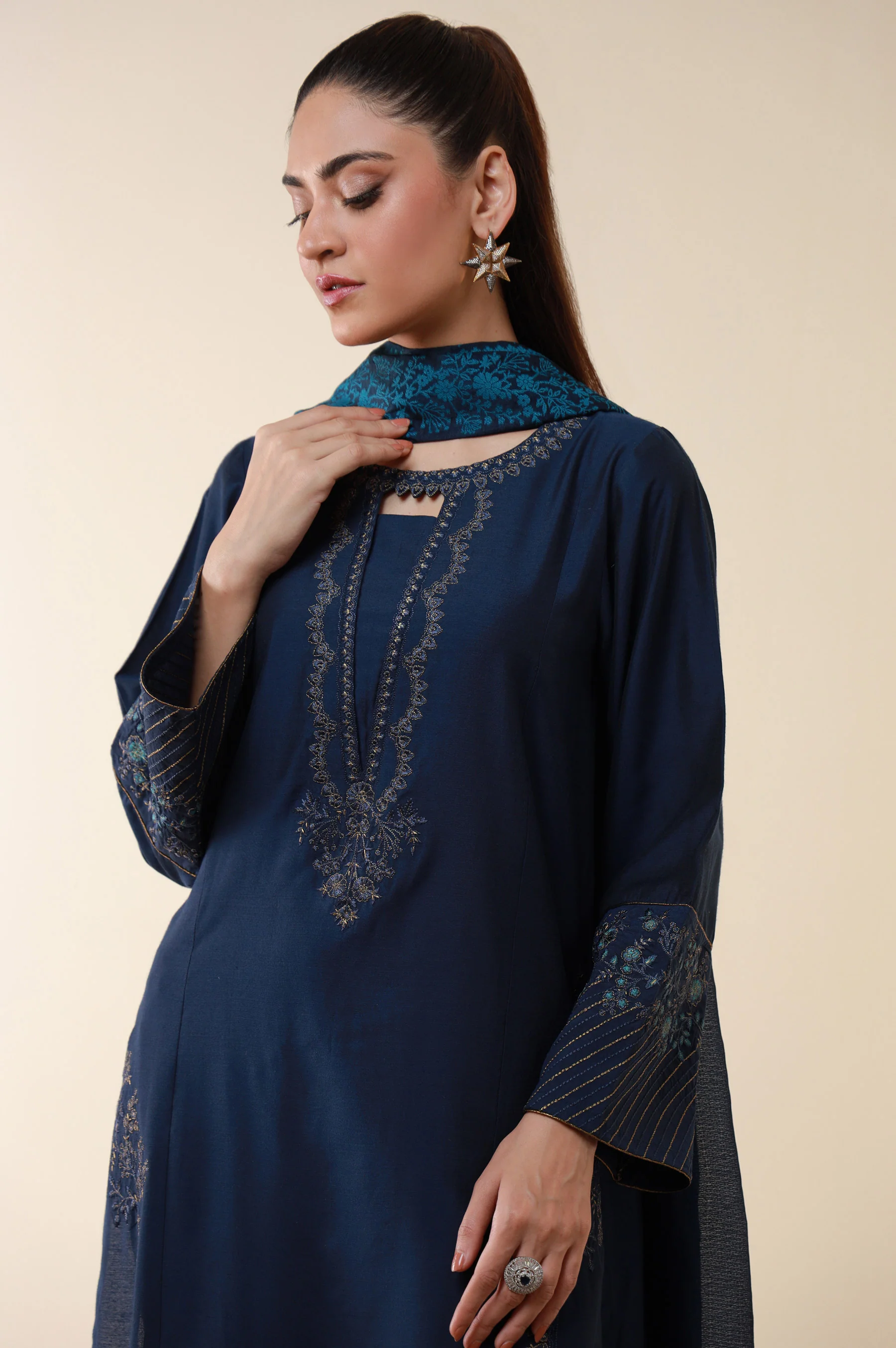 Stitched 3 Piece Embroidered Cotton Silk Suit - Image 4