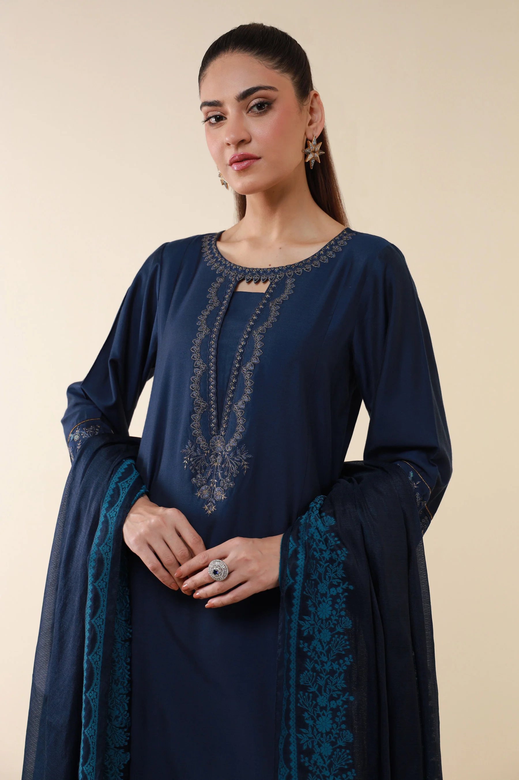 Stitched 3 Piece Embroidered Cotton Silk Suit - Image 5