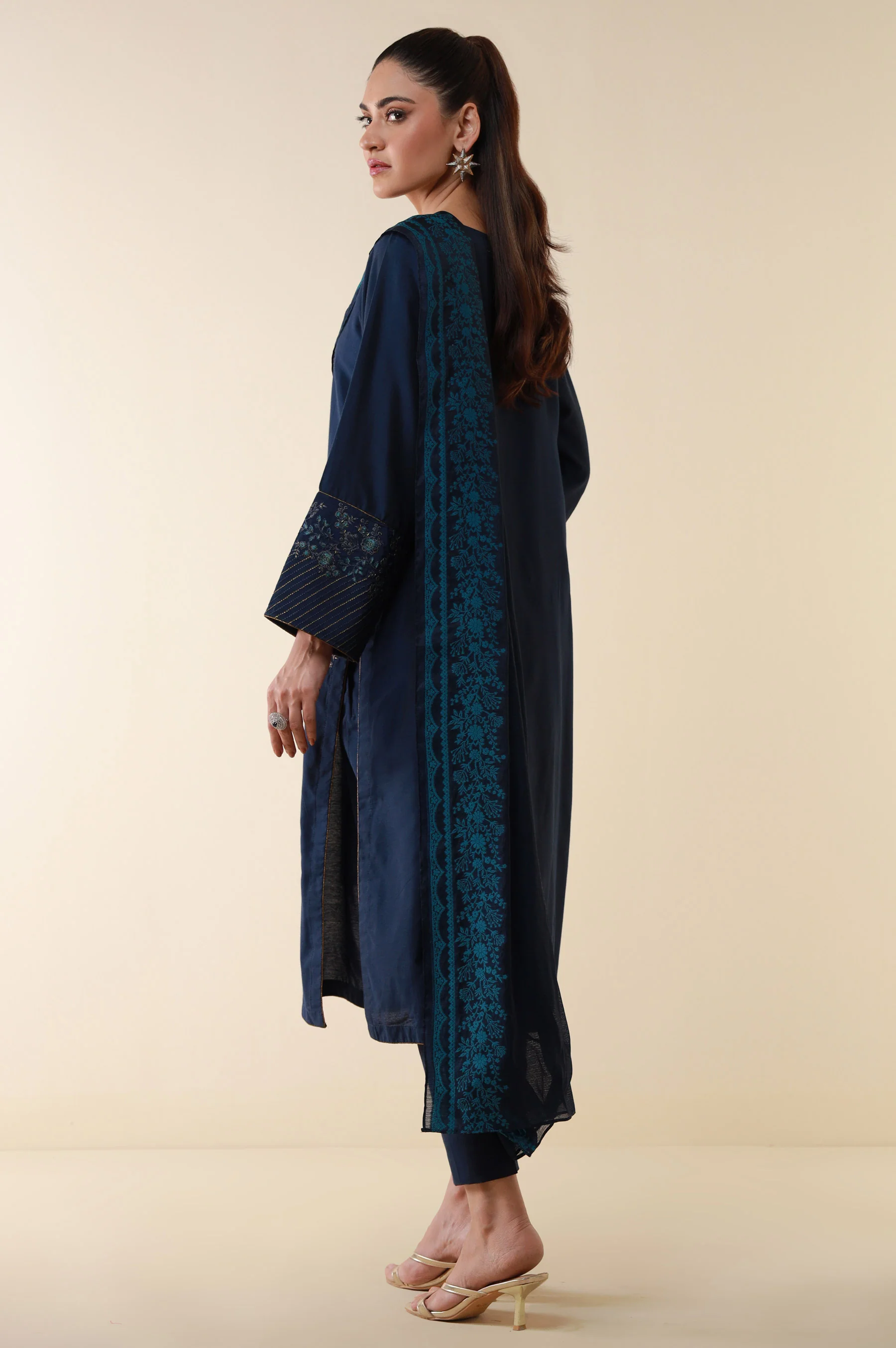 Stitched 3 Piece Embroidered Cotton Silk Suit - Image 6