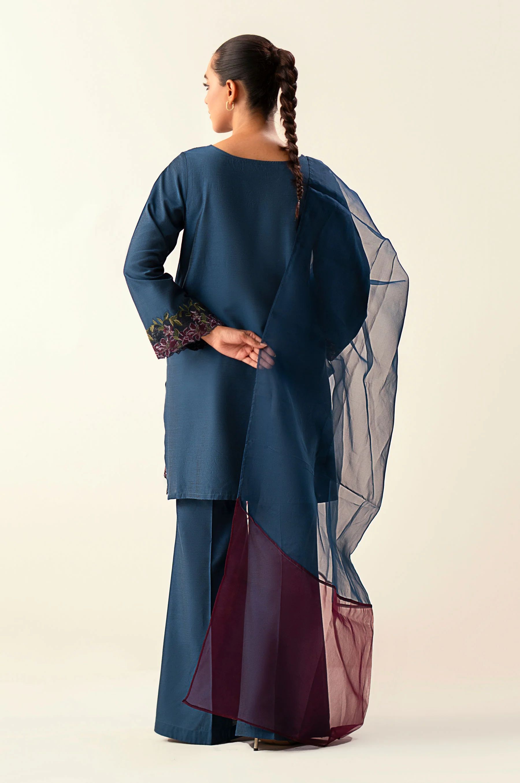 Stitched 3 Piece Embroidered Cotton Silk Suit - Image 3