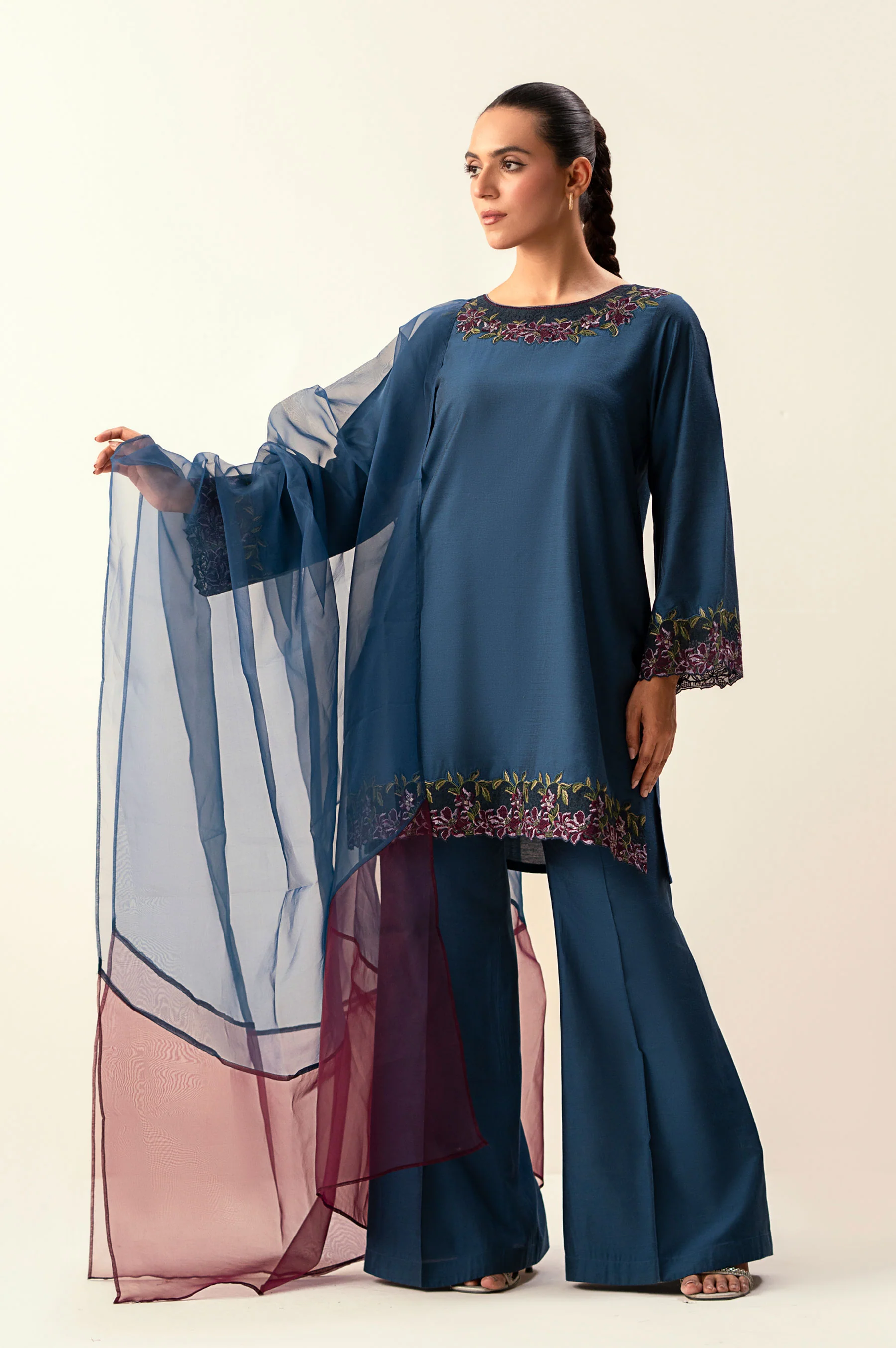 Stitched 3 Piece Embroidered Cotton Silk Suit - Image 4