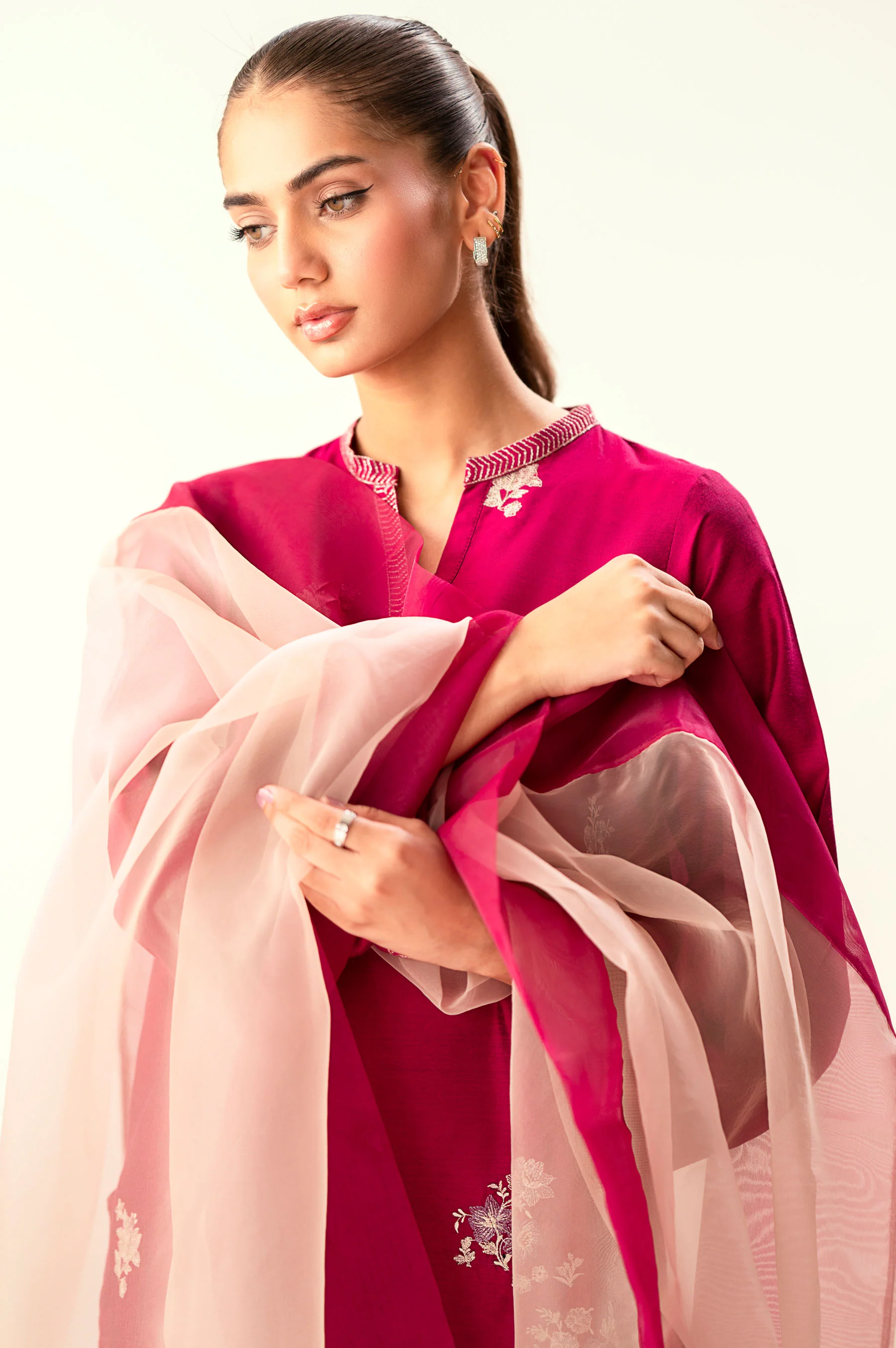 Stitched 3 Piece Embroidered Cotton Silk Suit - Image 2