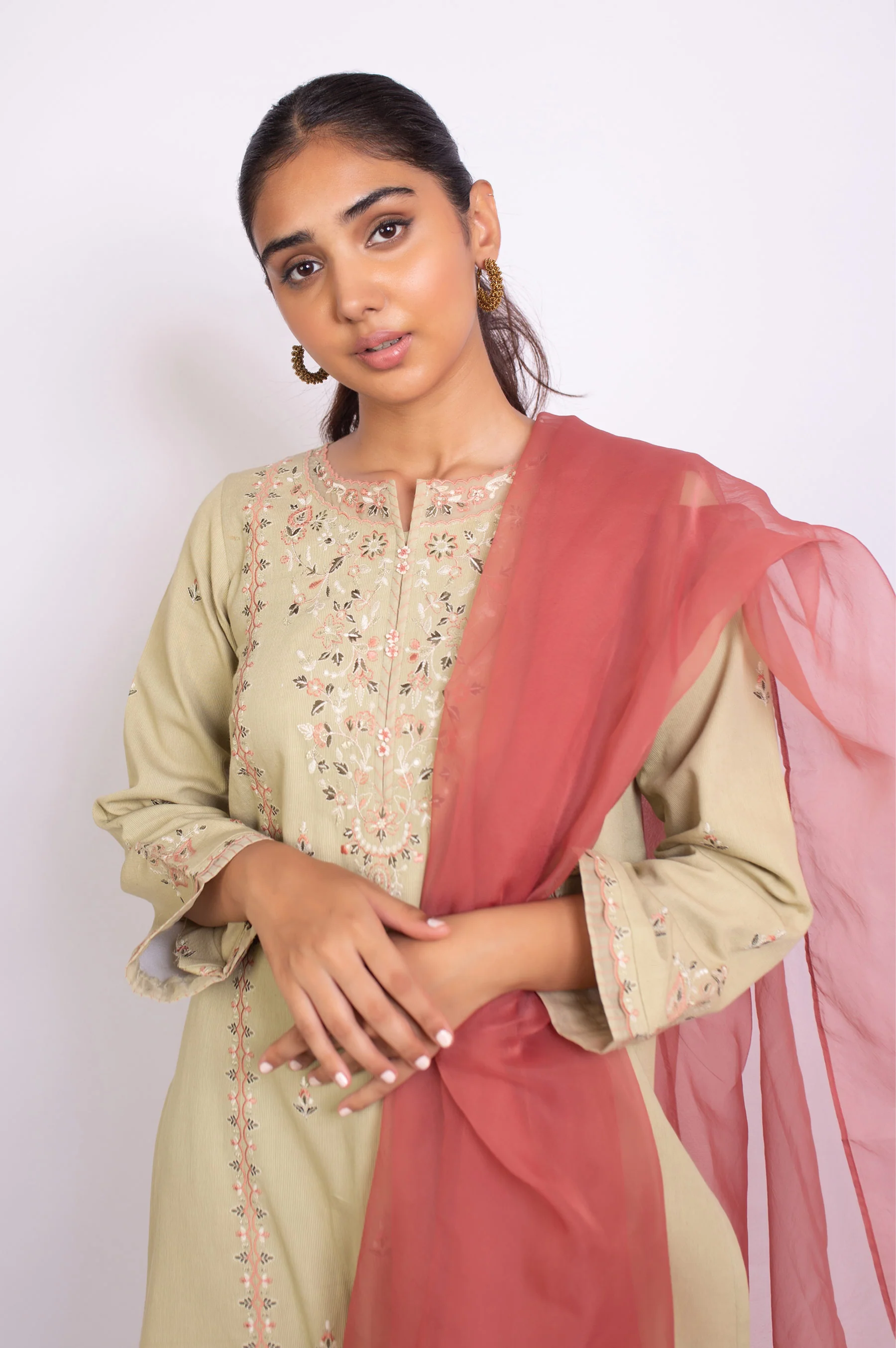 Stitched 3 Piece Embroidered Satin Jacquard Suit - Image 4