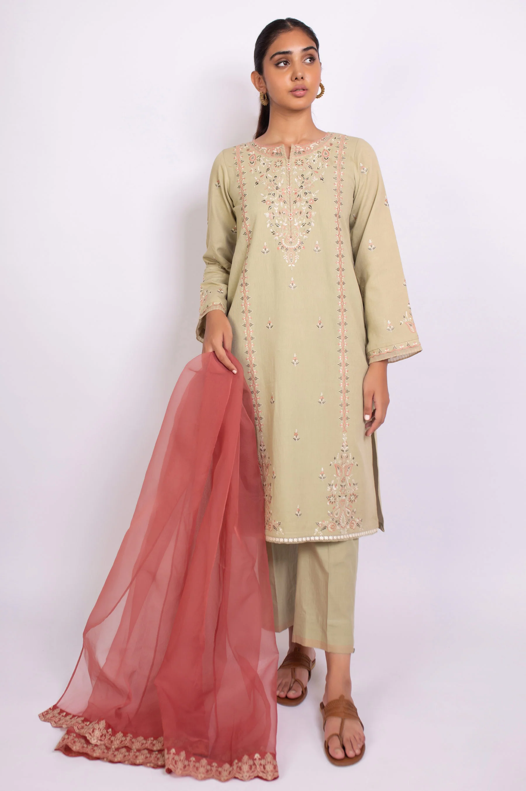 Stitched 3 Piece Embroidered Satin Jacquard Suit - Image 5
