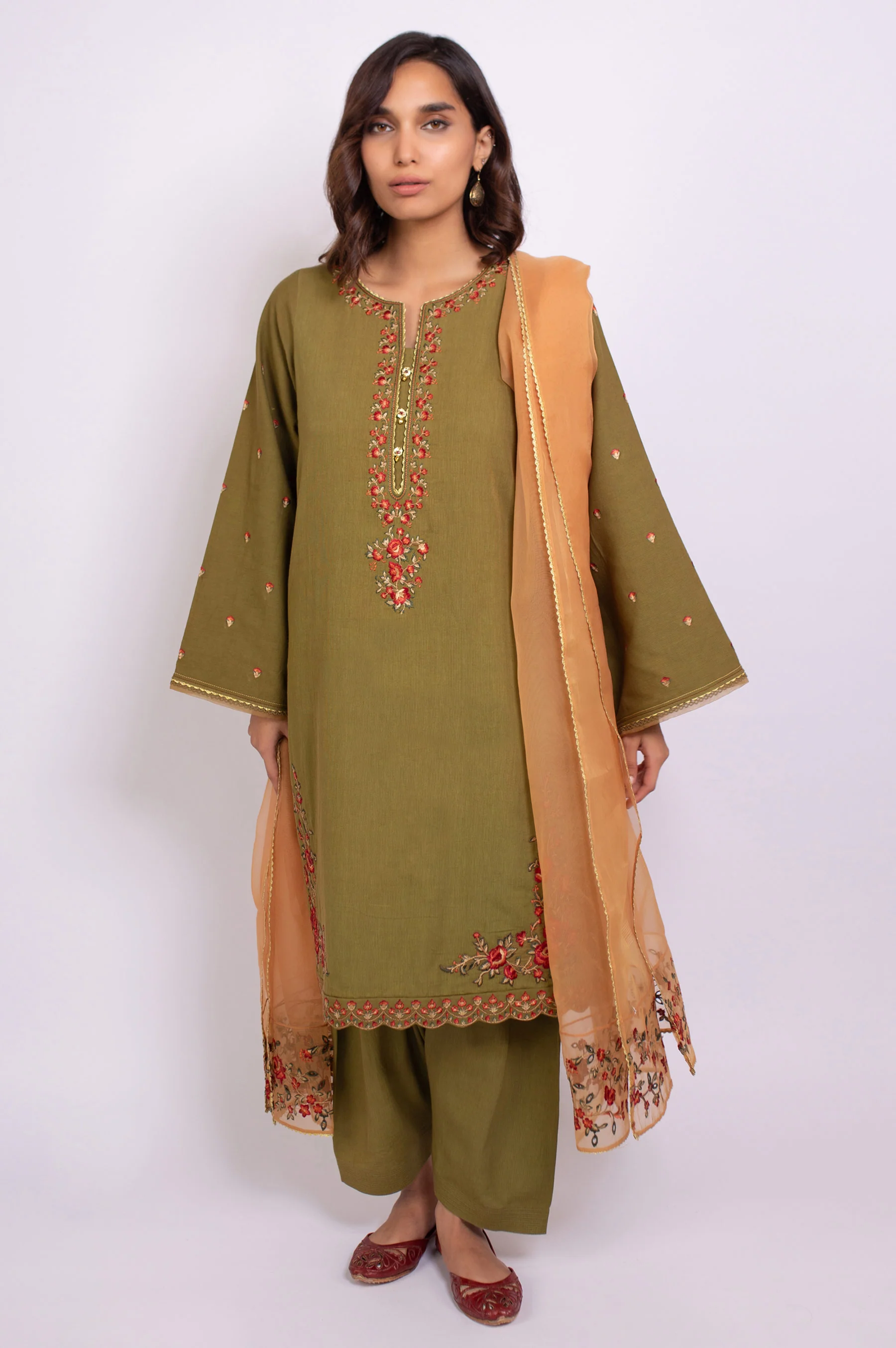 Stitched 3 Piece Embroidered Satin Jacquard Suit - Image 2