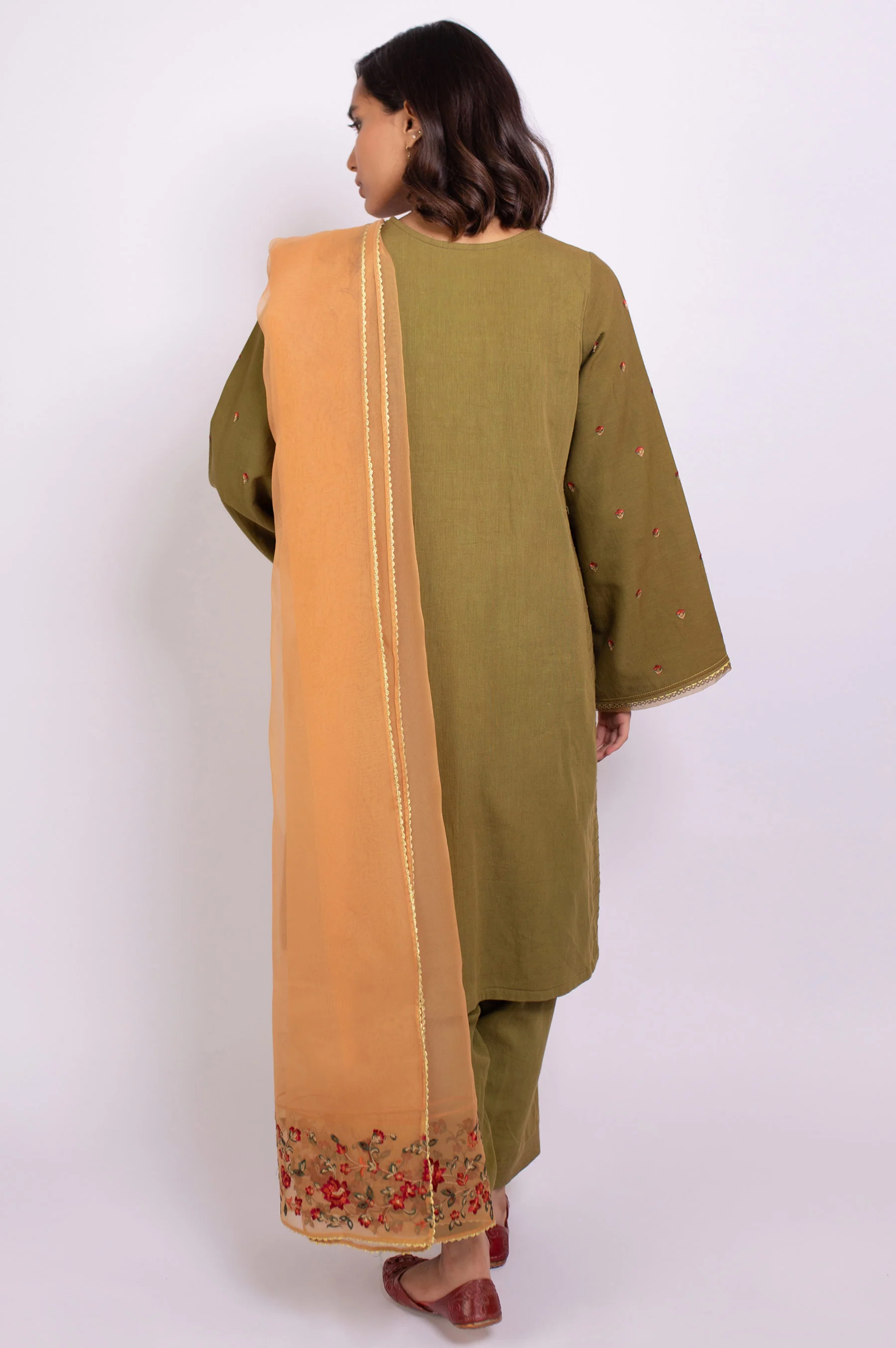 Stitched 3 Piece Embroidered Satin Jacquard Suit - Image 3