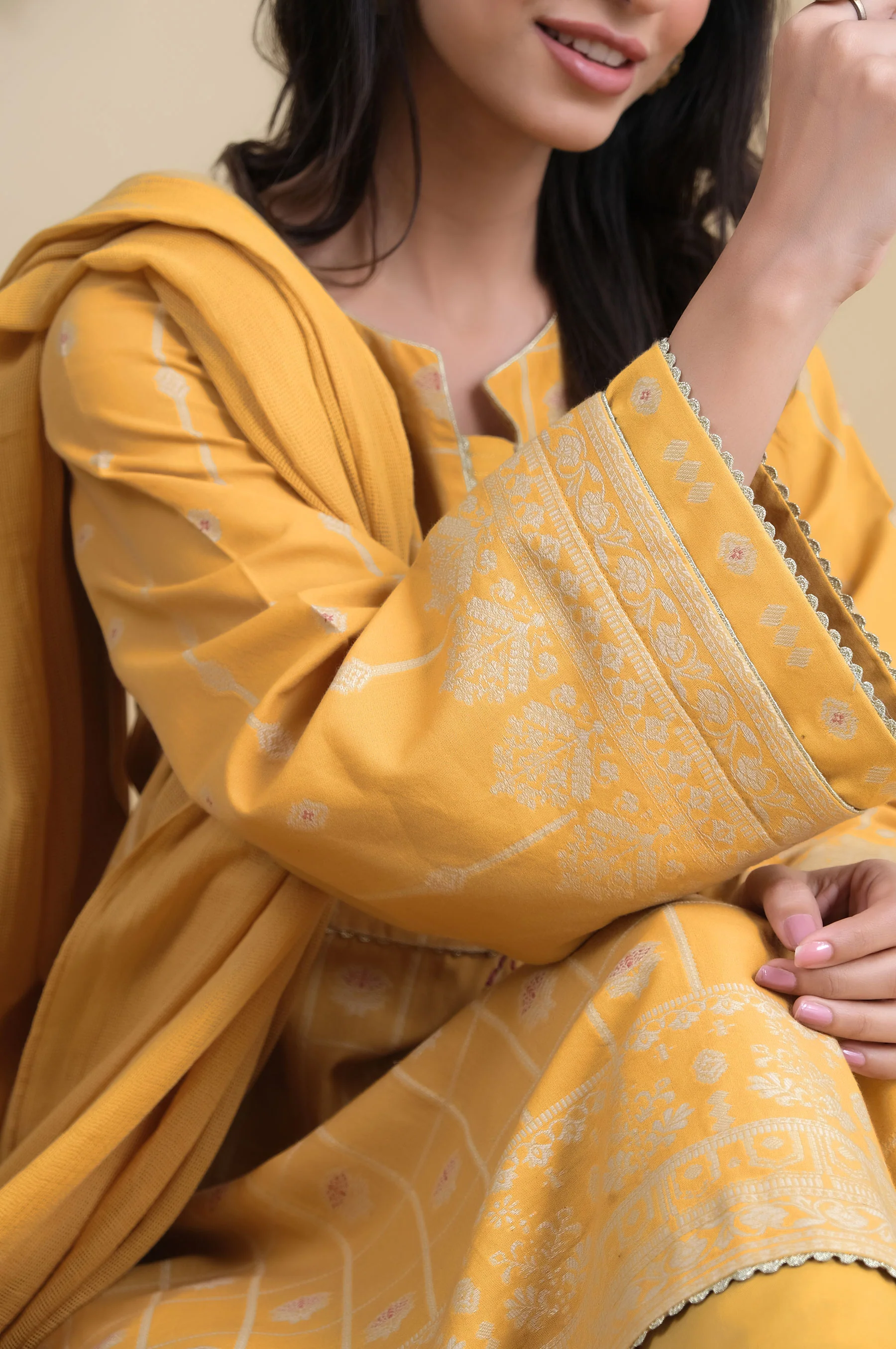 Stitched 3 Piece Embroidered Jacquard Suit - Image 2