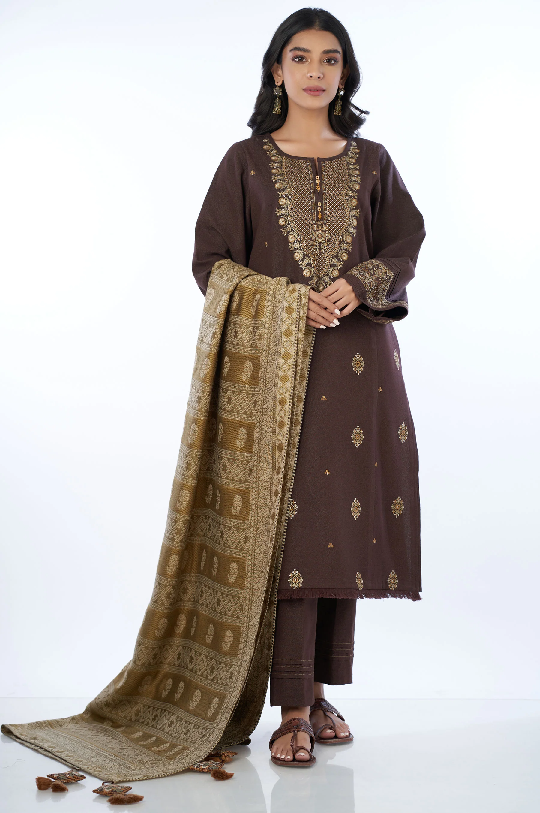 Stitched 3 Piece Embroidered Karandi Suit