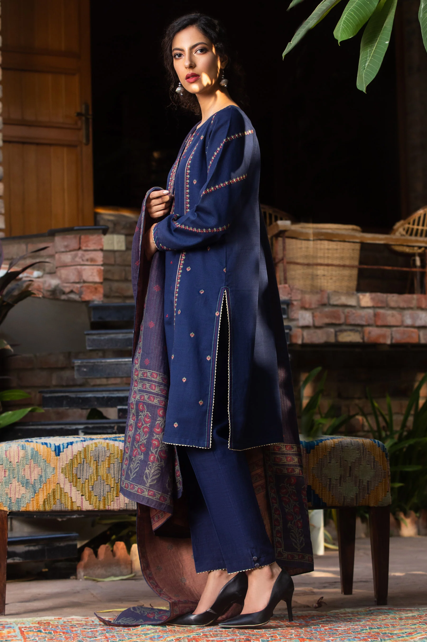 Stitched 3 Piece Embroidered Khaddar Suit - Image 2