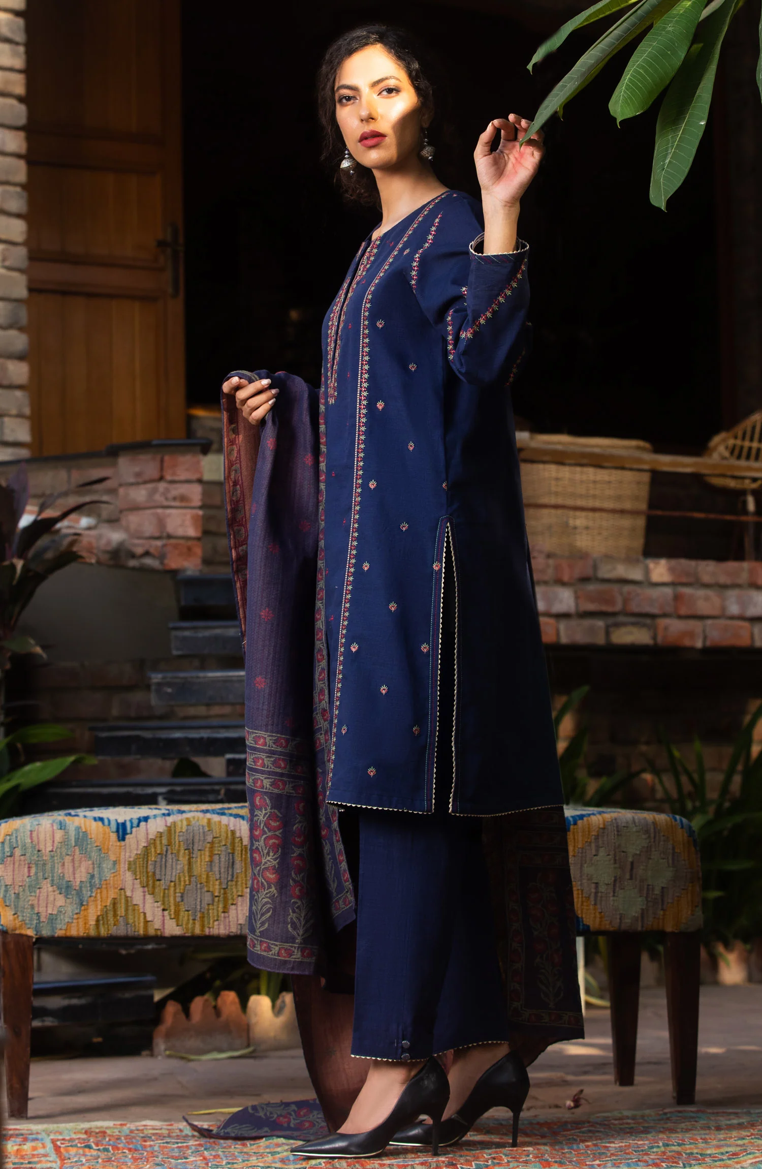 Stitched 3 Piece Embroidered Khaddar Suit - Image 4