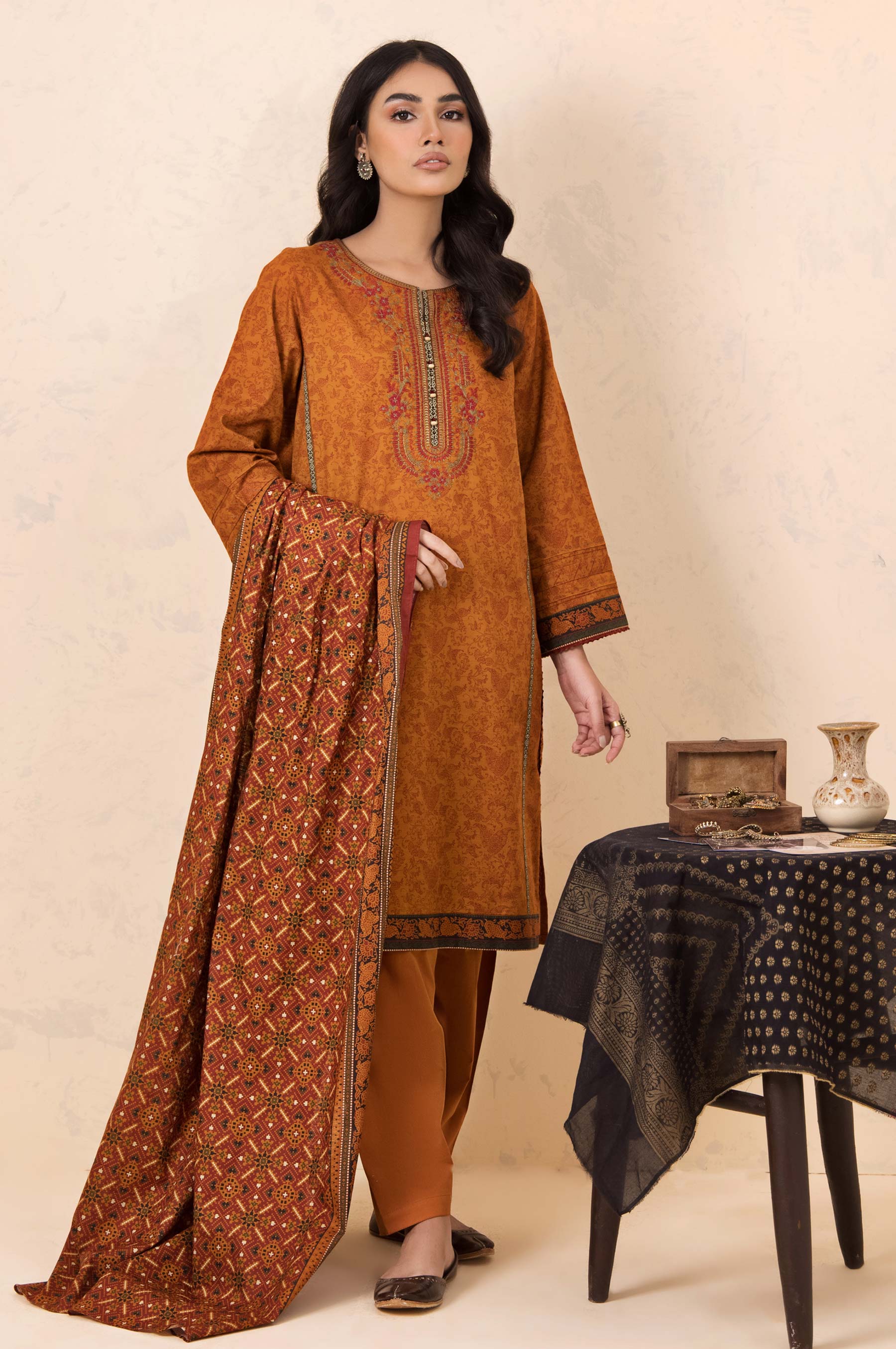 Stitched 3 Piece Embroidered Khaddar Suit