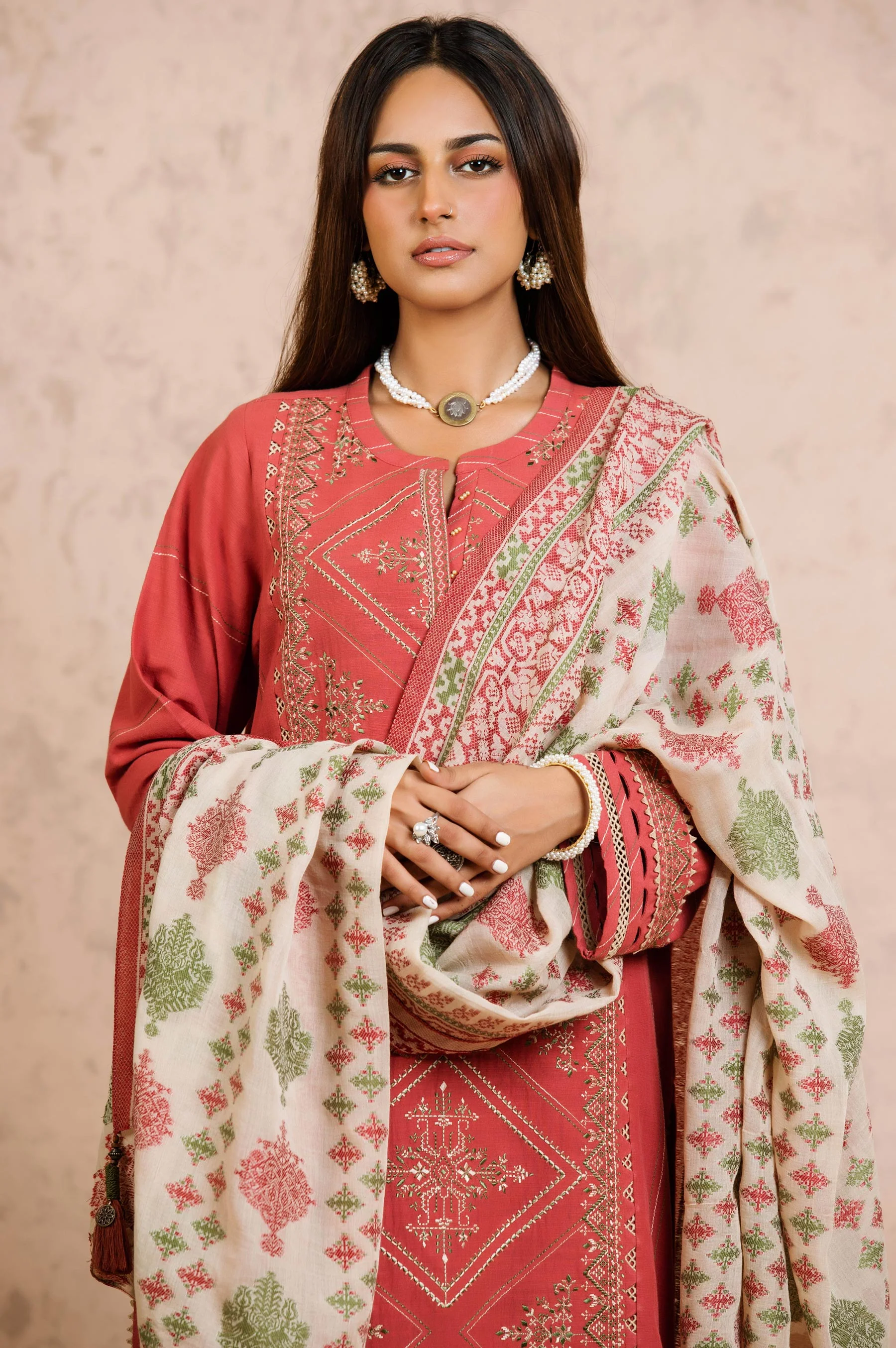 Stitched 3 Piece Embroidered Khaddar with Jacquard Suit - Image 2