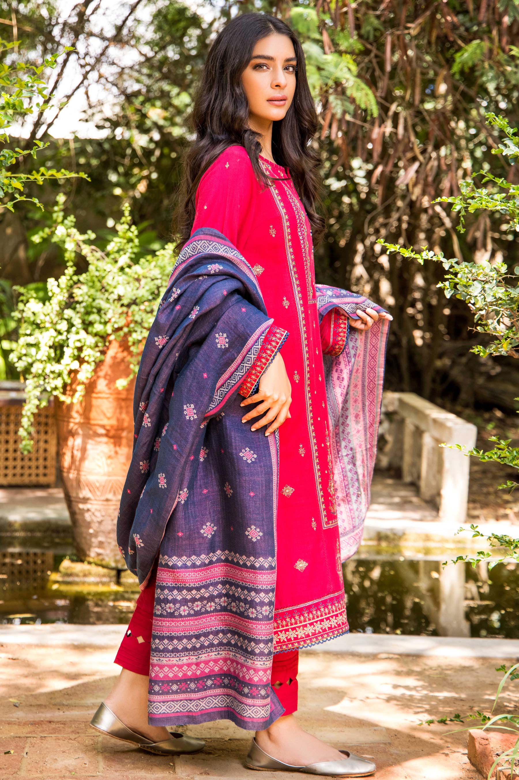 Stitched 3 Piece Embroidered Khaddar with Yarn Jacquard Shawl Suit - Image 2