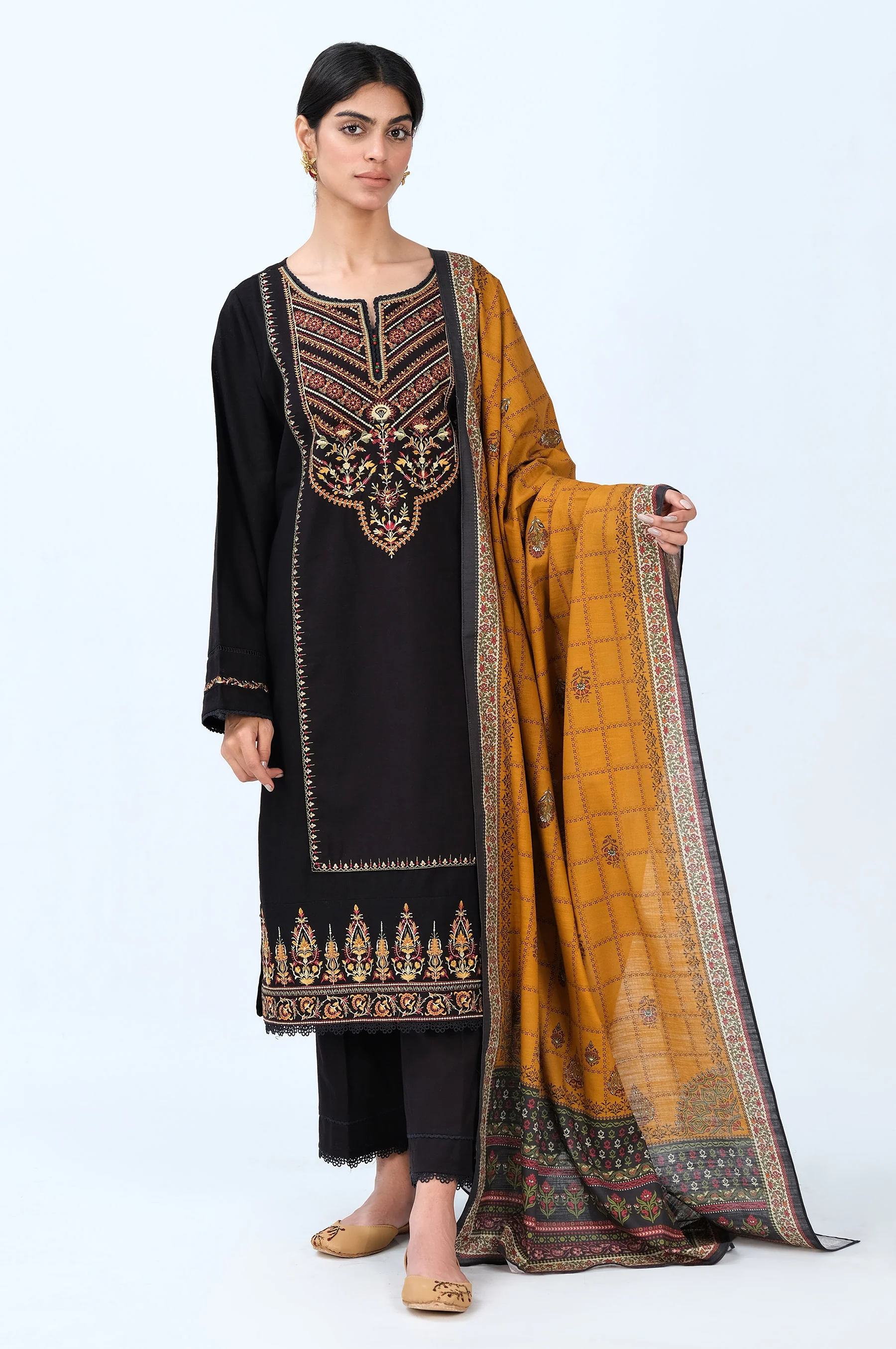 Stitched 3 Piece Embroidered Khaddar Suit - Image 3
