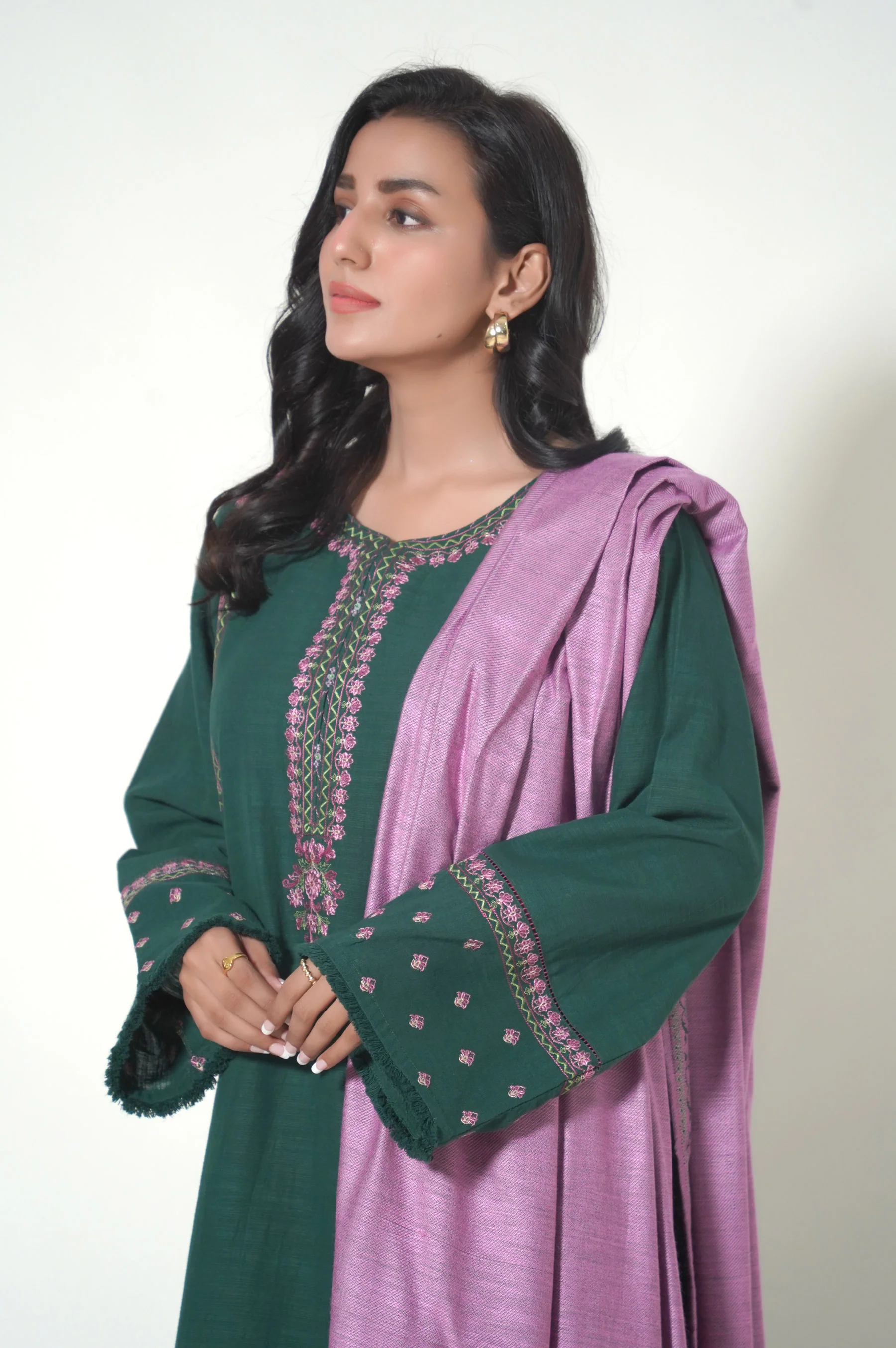 Stitched 3 Piece Embroidered Khaddar Suit - Image 2