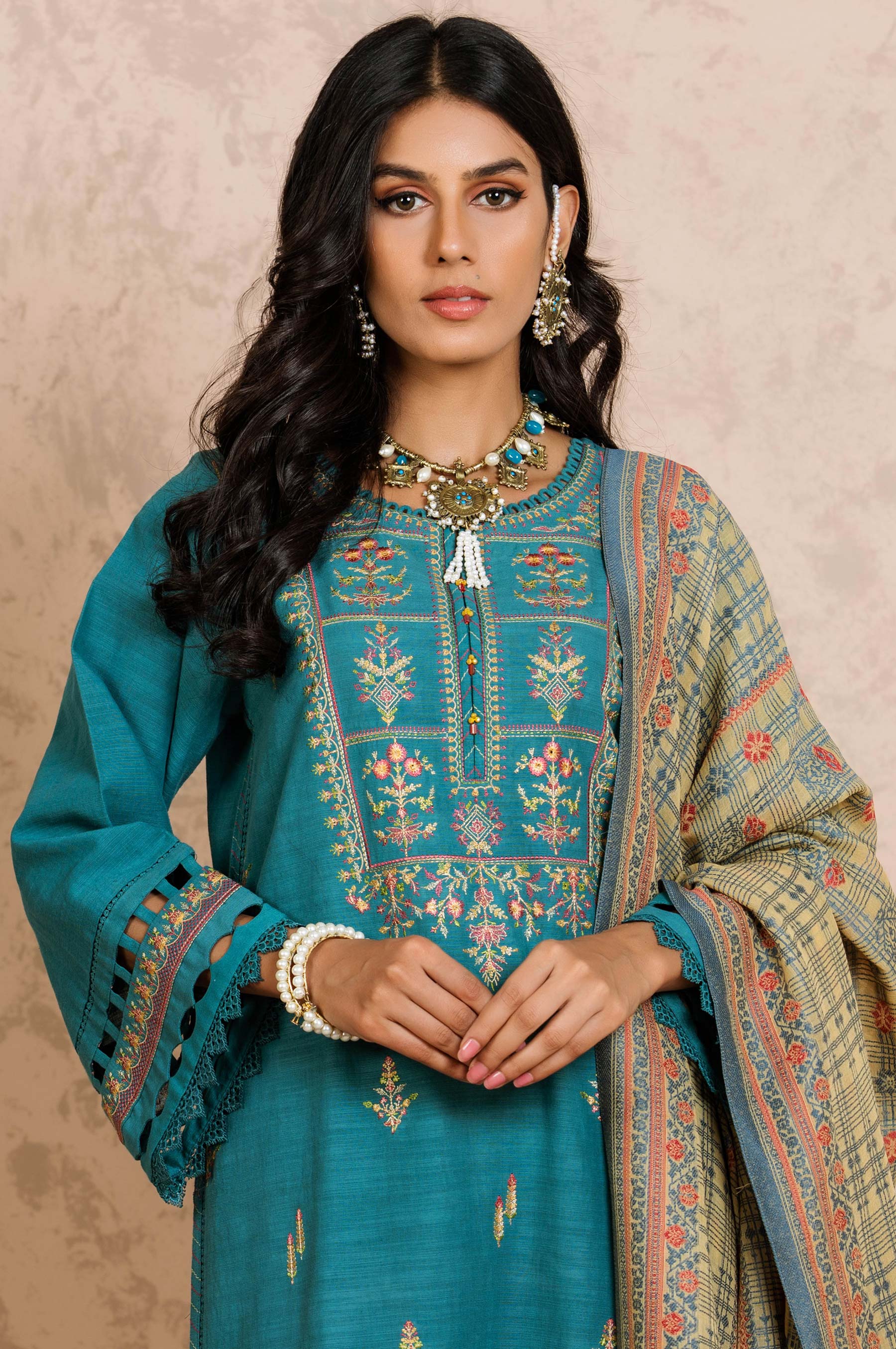 Stitched 3 Piece Embroidered Khaddar with Jacquard Suit - Image 3