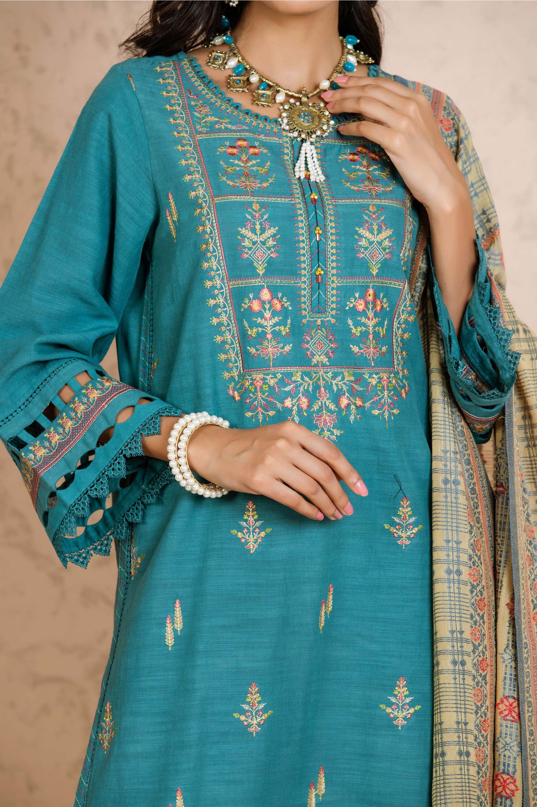 Stitched 3 Piece Embroidered Khaddar with Jacquard Suit - Image 4