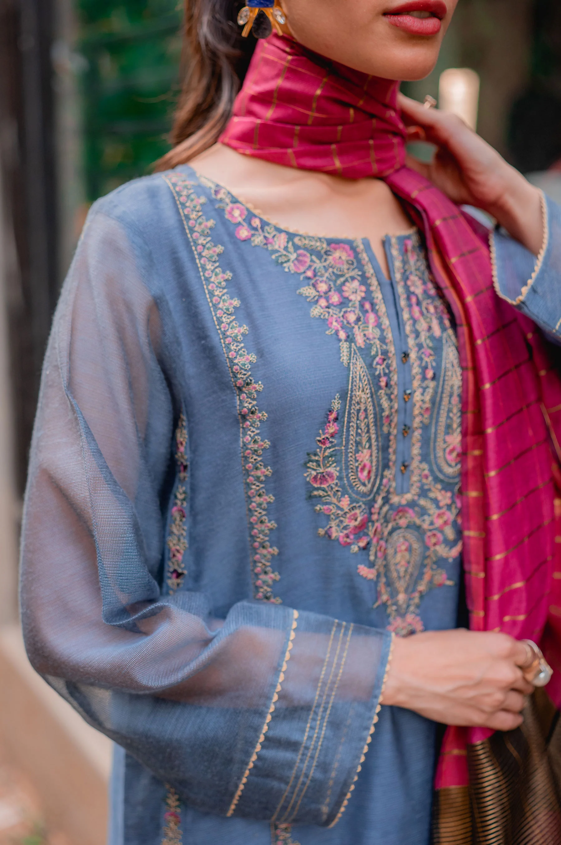 Stitched 3 Piece Khaddi Net Embroidered Suit - Image 5