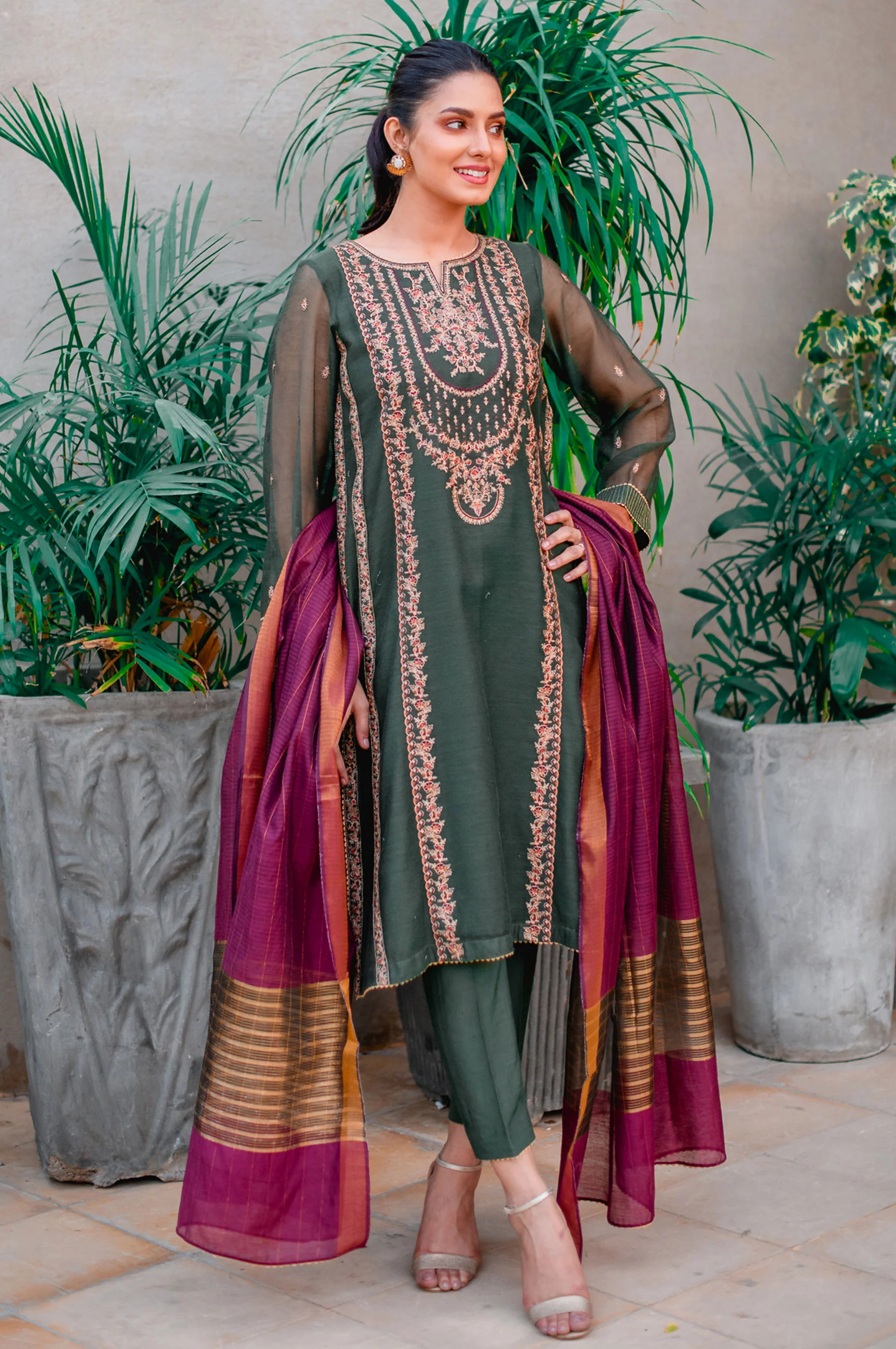 Stitched 3 Piece Khaddi Net Embroidered Suit - Image 2
