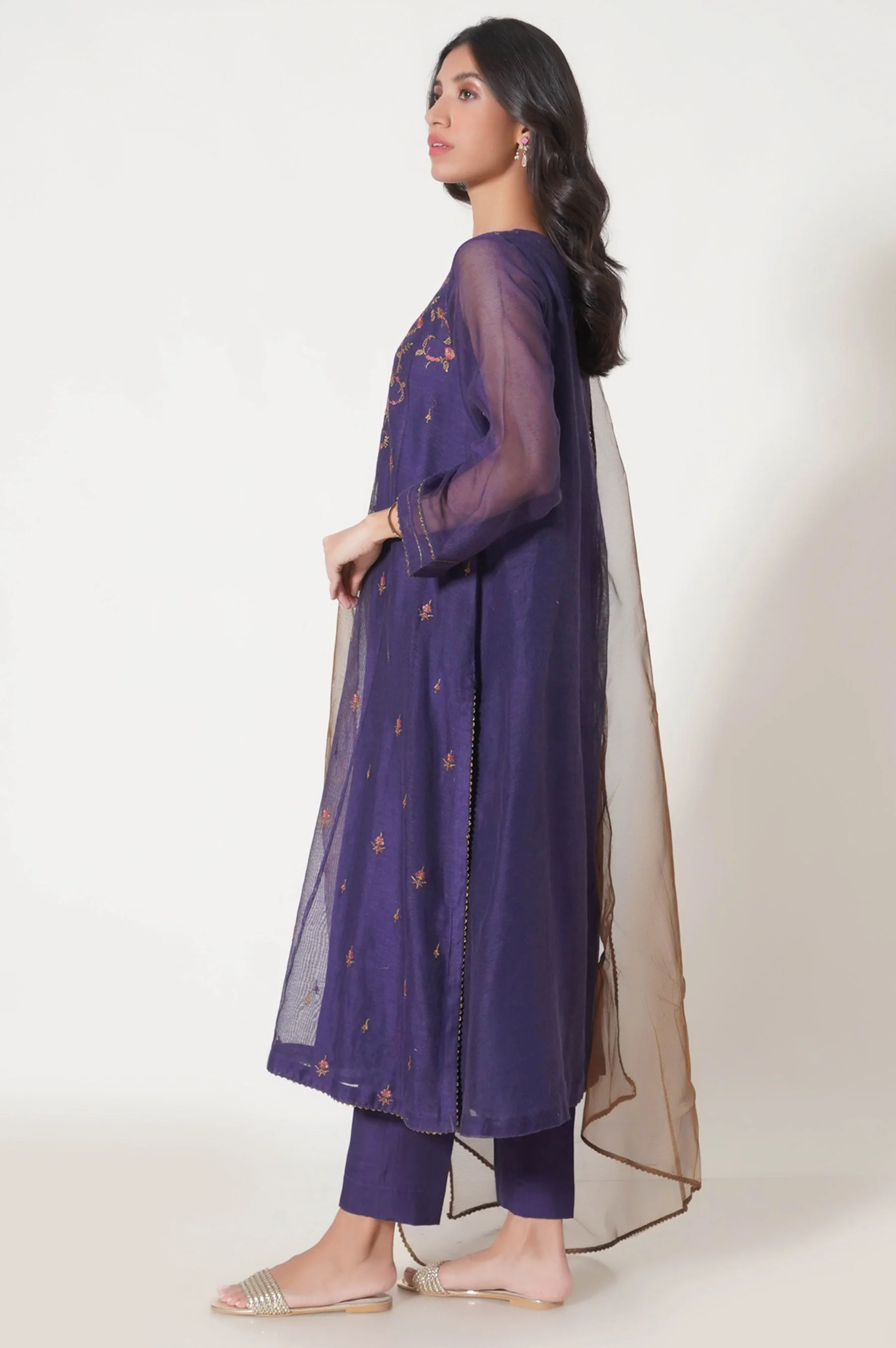 Stitched 3 Piece Khaddi Net Embroidered Outfit - Image 5