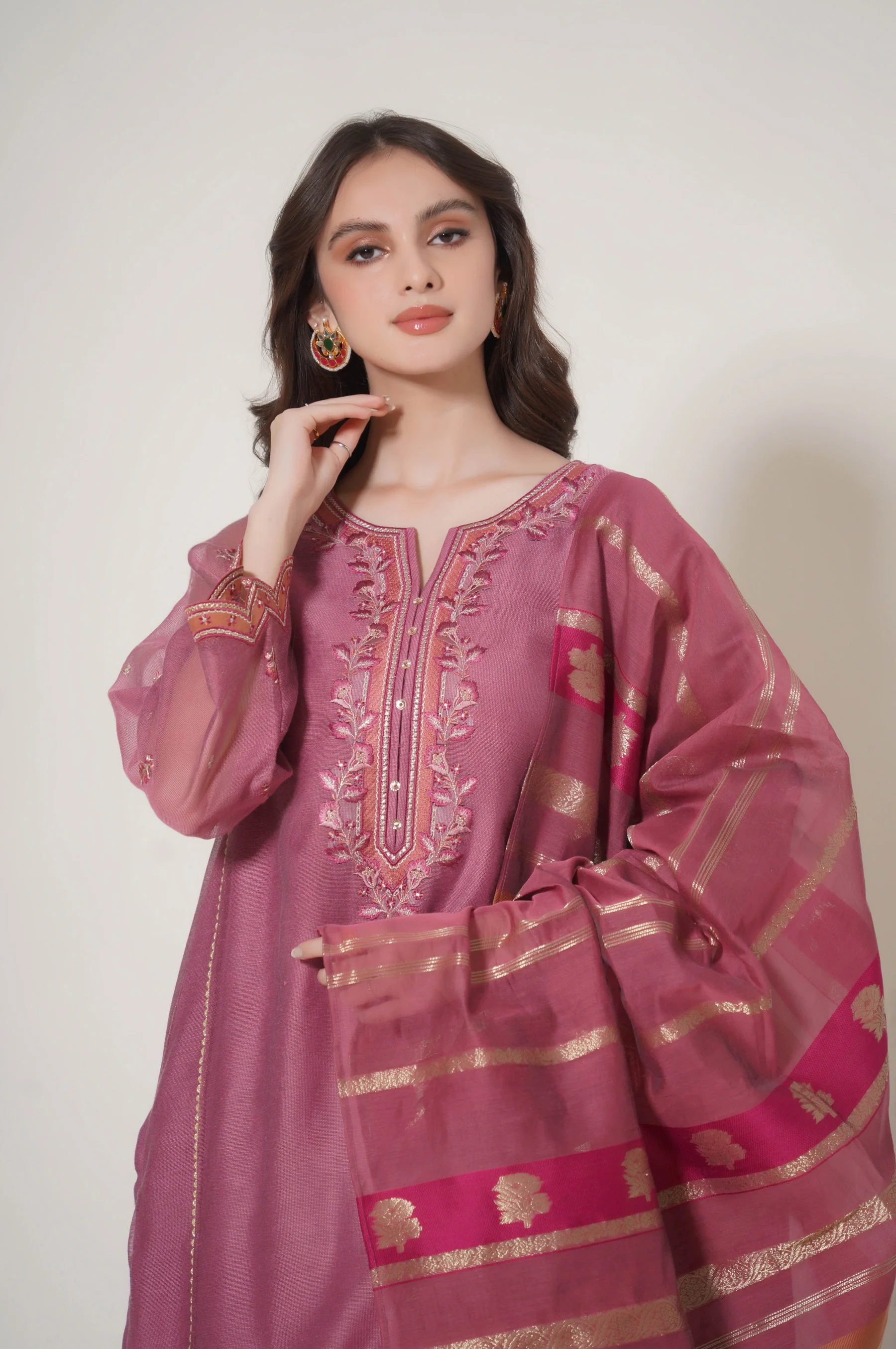 Stitched 3 Piece Embroidered Khaddi Net Outfit - Image 3