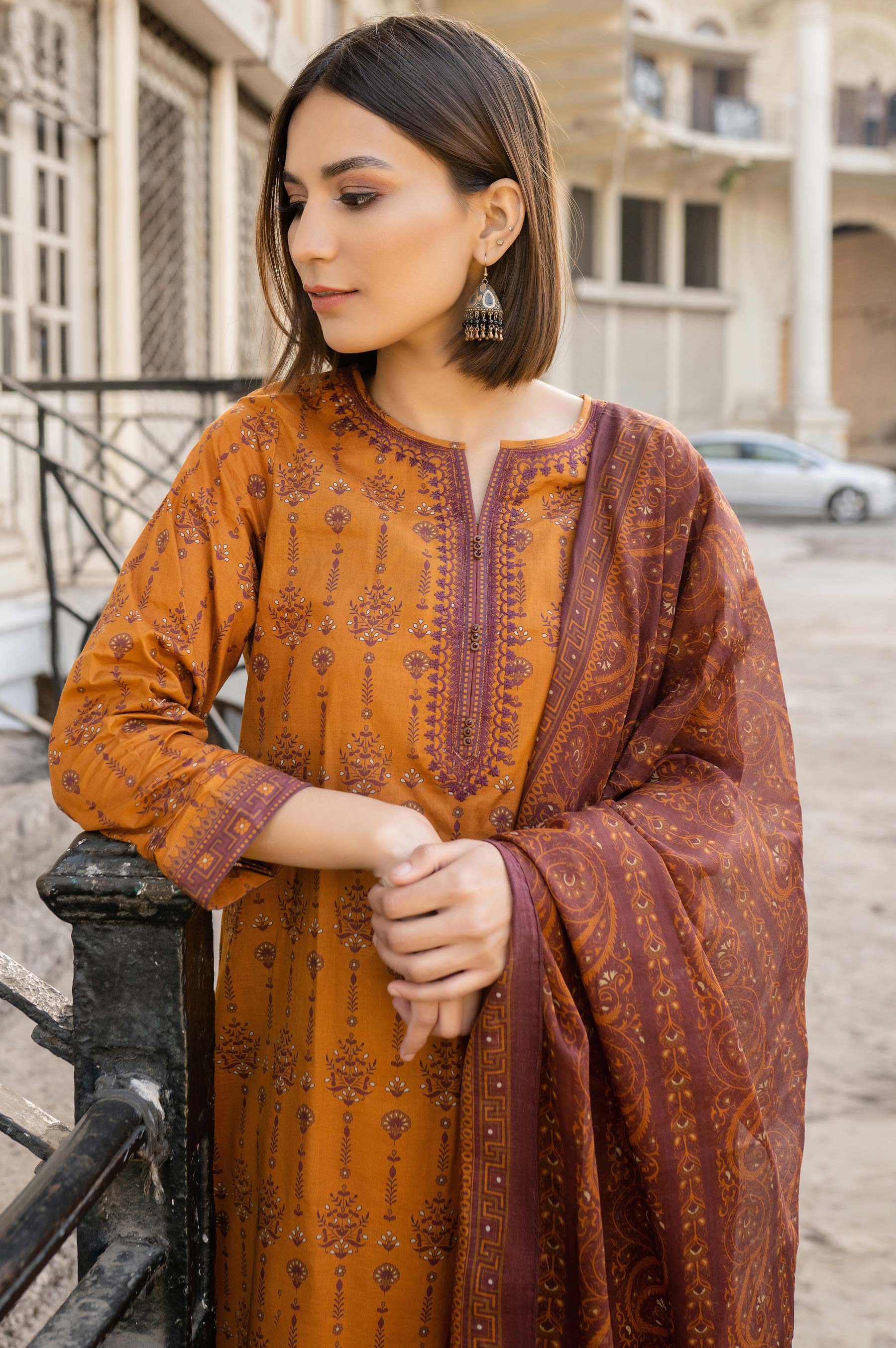 Stitched 3 Piece Embroidered Lawn Suit with Printed Lawn Dupatta - Image 3
