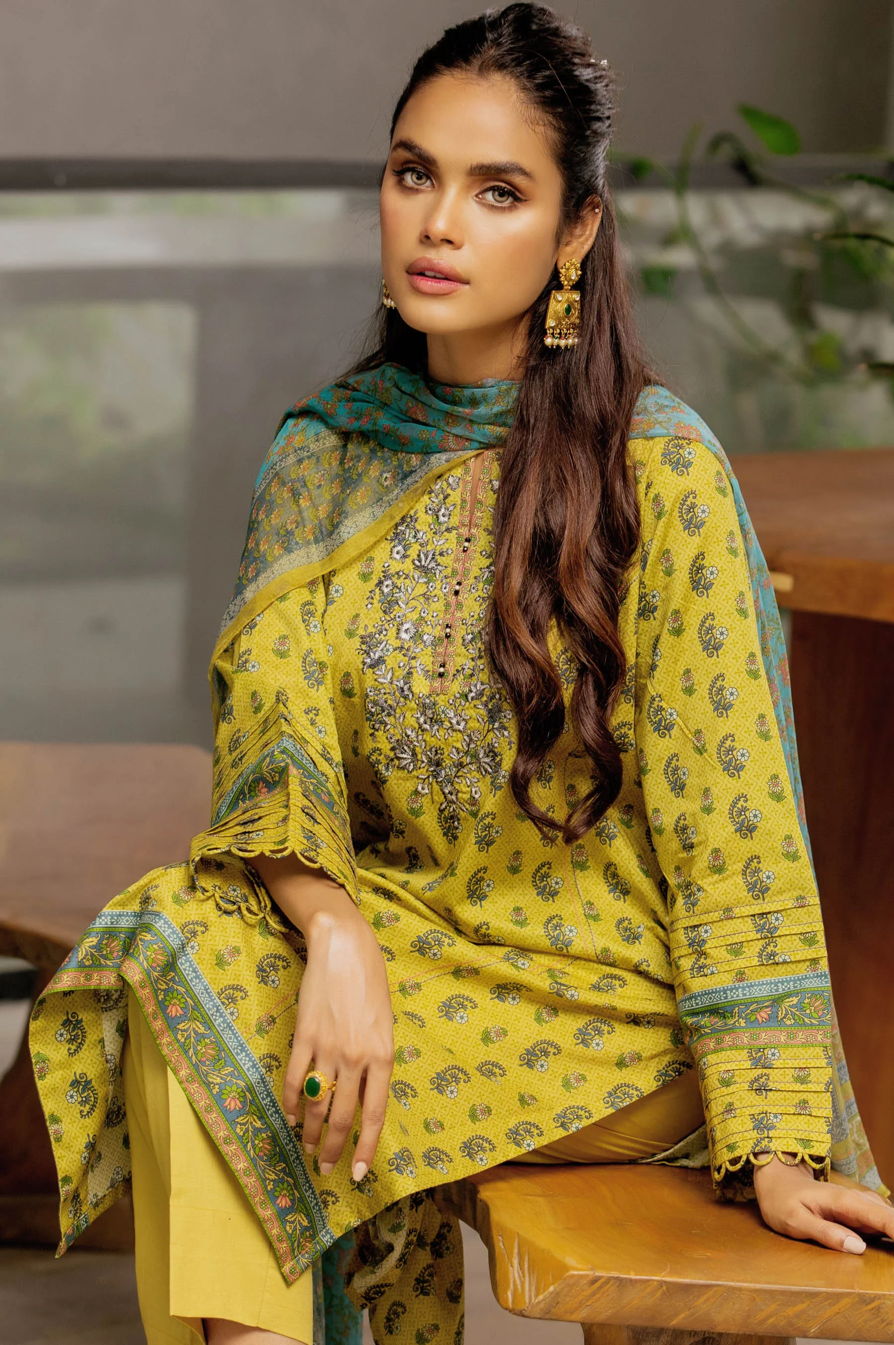 Stitched 3 Piece Embroidered Lawn with chiffon Dupatta - Image 2