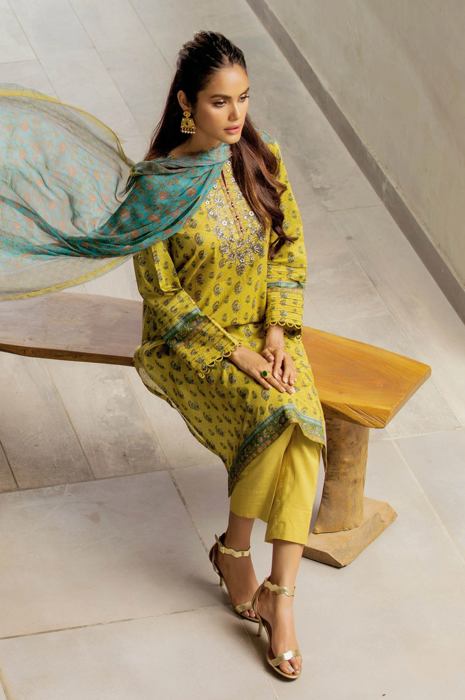 Stitched 3 Piece Embroidered Lawn with chiffon Dupatta - Image 3