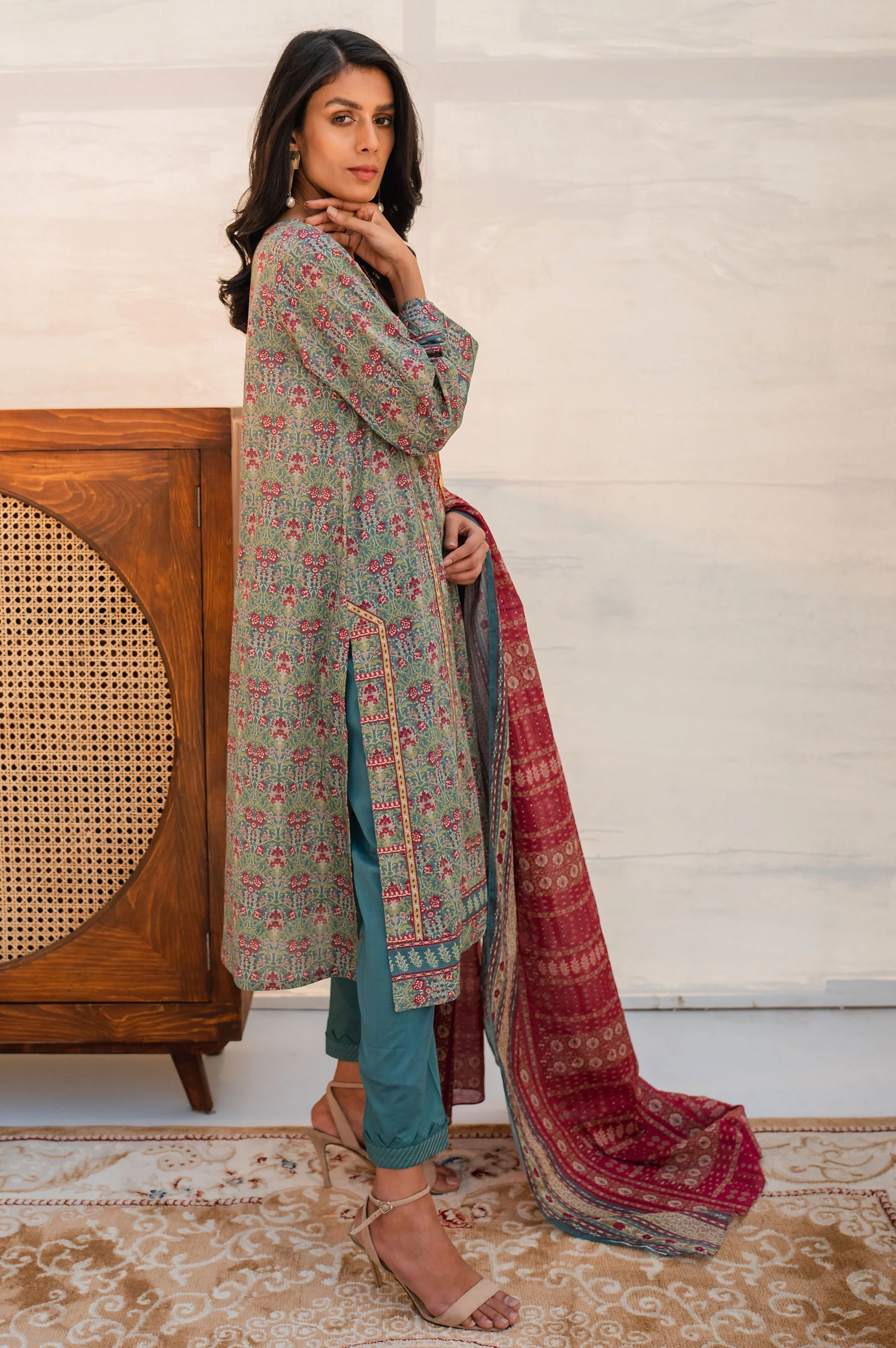 Stitched 3 Piece Embroidered Lawn with Cotton Net Suit - Image 5
