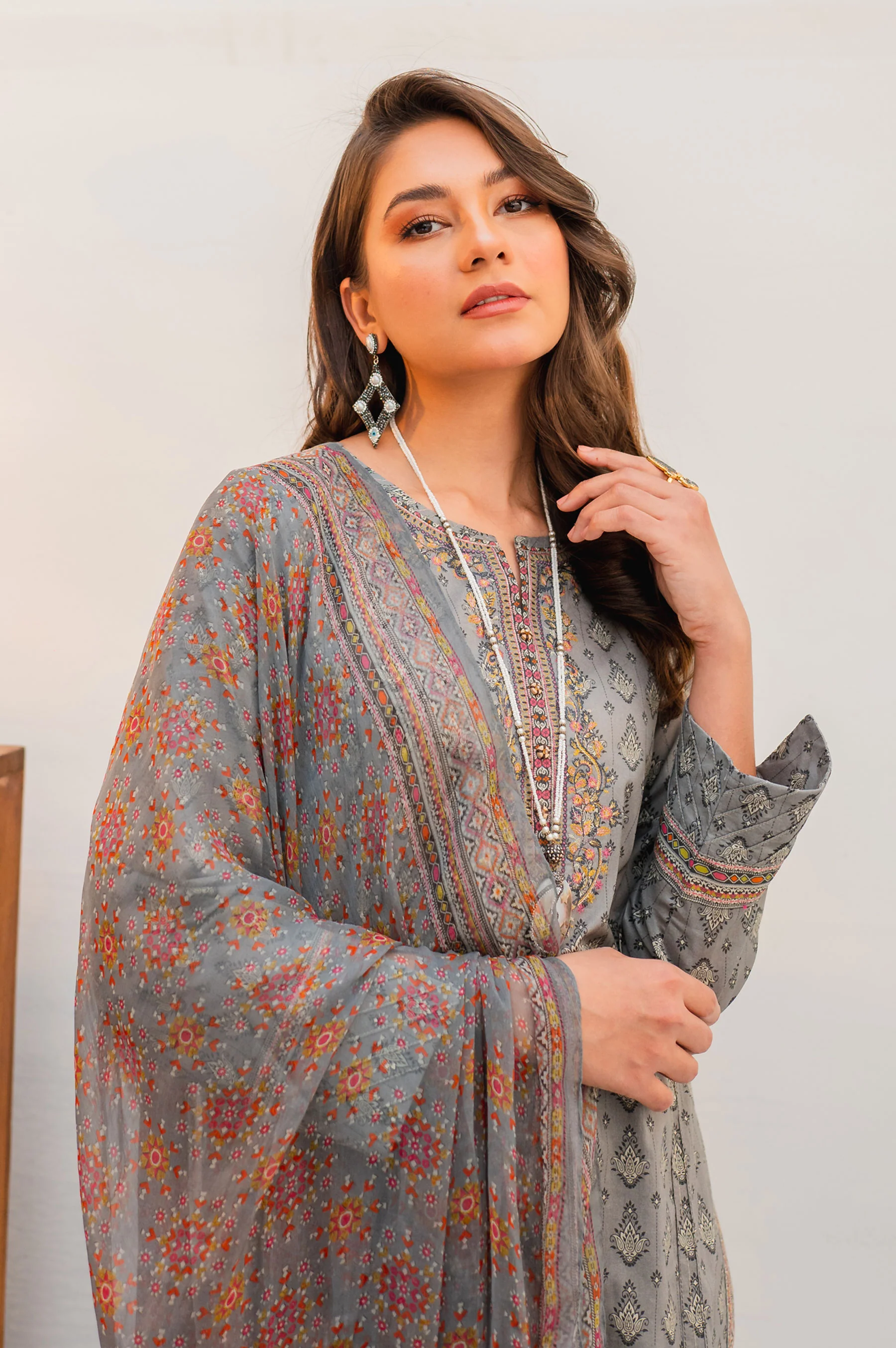 Stitched 3 Piece Embroidered Lawn with Chiffon Suit - Image 3