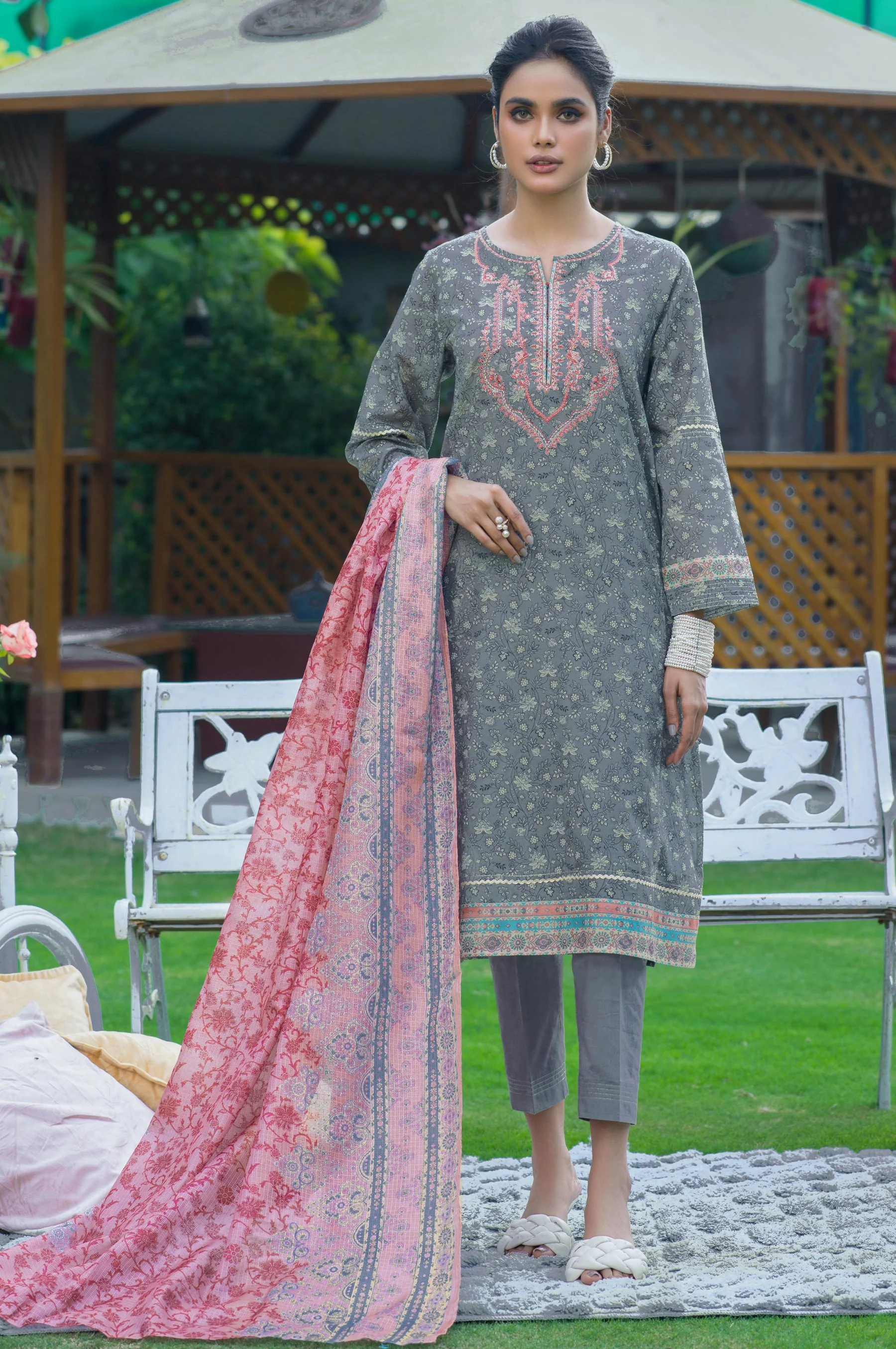 Stitched 3 Piece Embroidered Lawn with Kotta Cotton Suit - Image 2