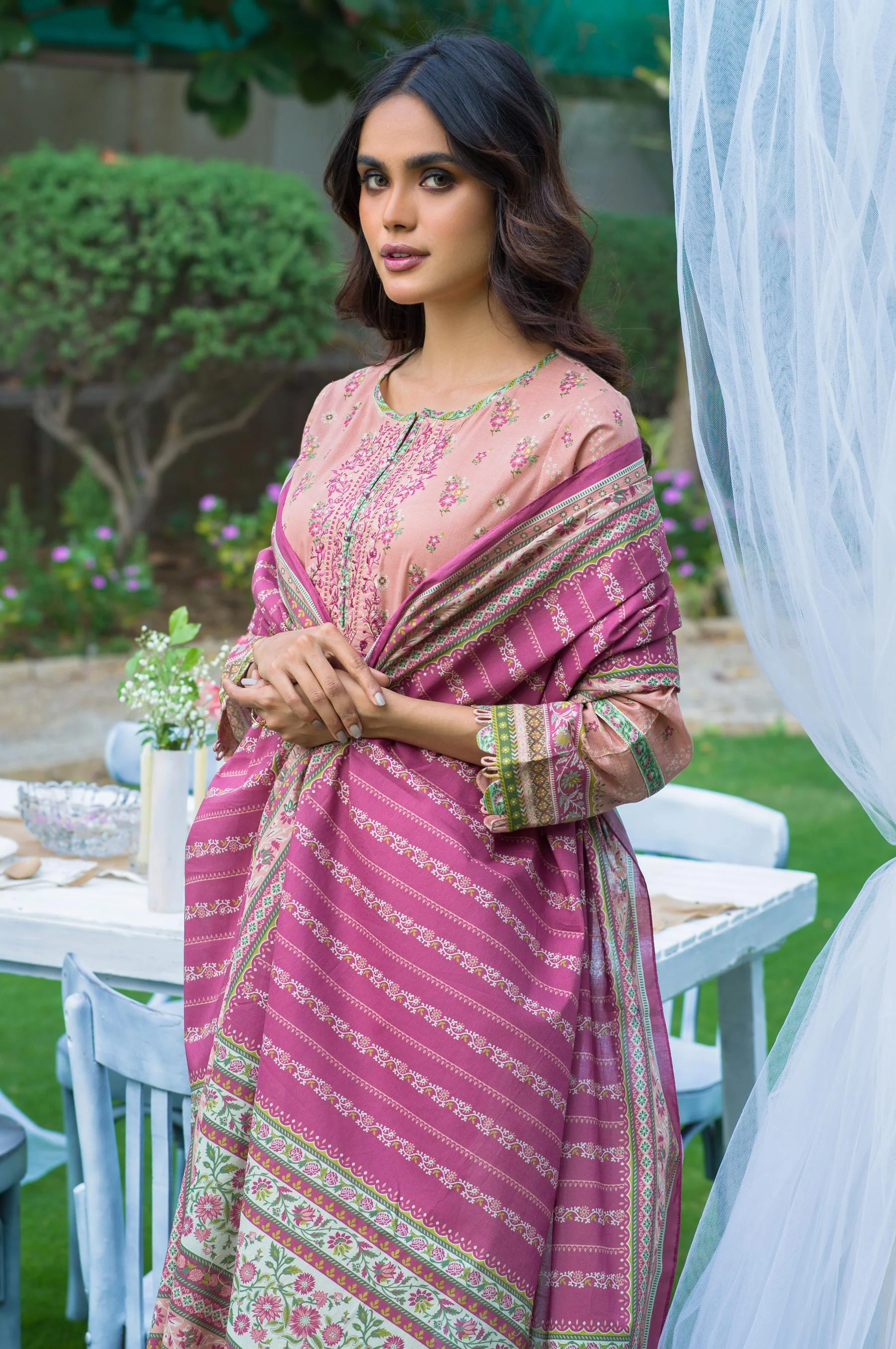 Stitched 3 Piece Embroidered Slub Lawn with Voile Slub Suit - Image 4