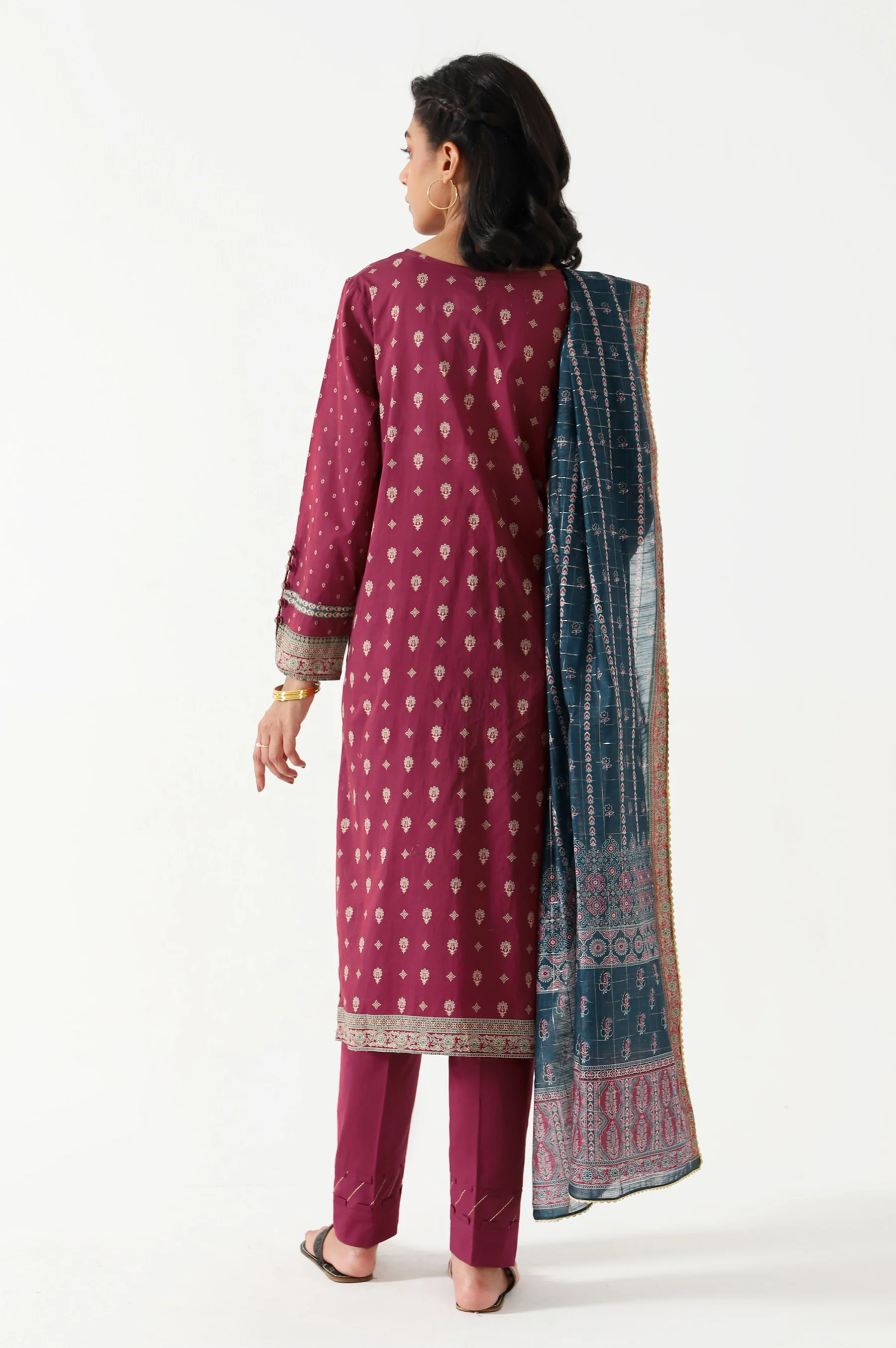 Stitched 3 Piece Embroidered Lawn with Checkered Organza Suit - Image 2