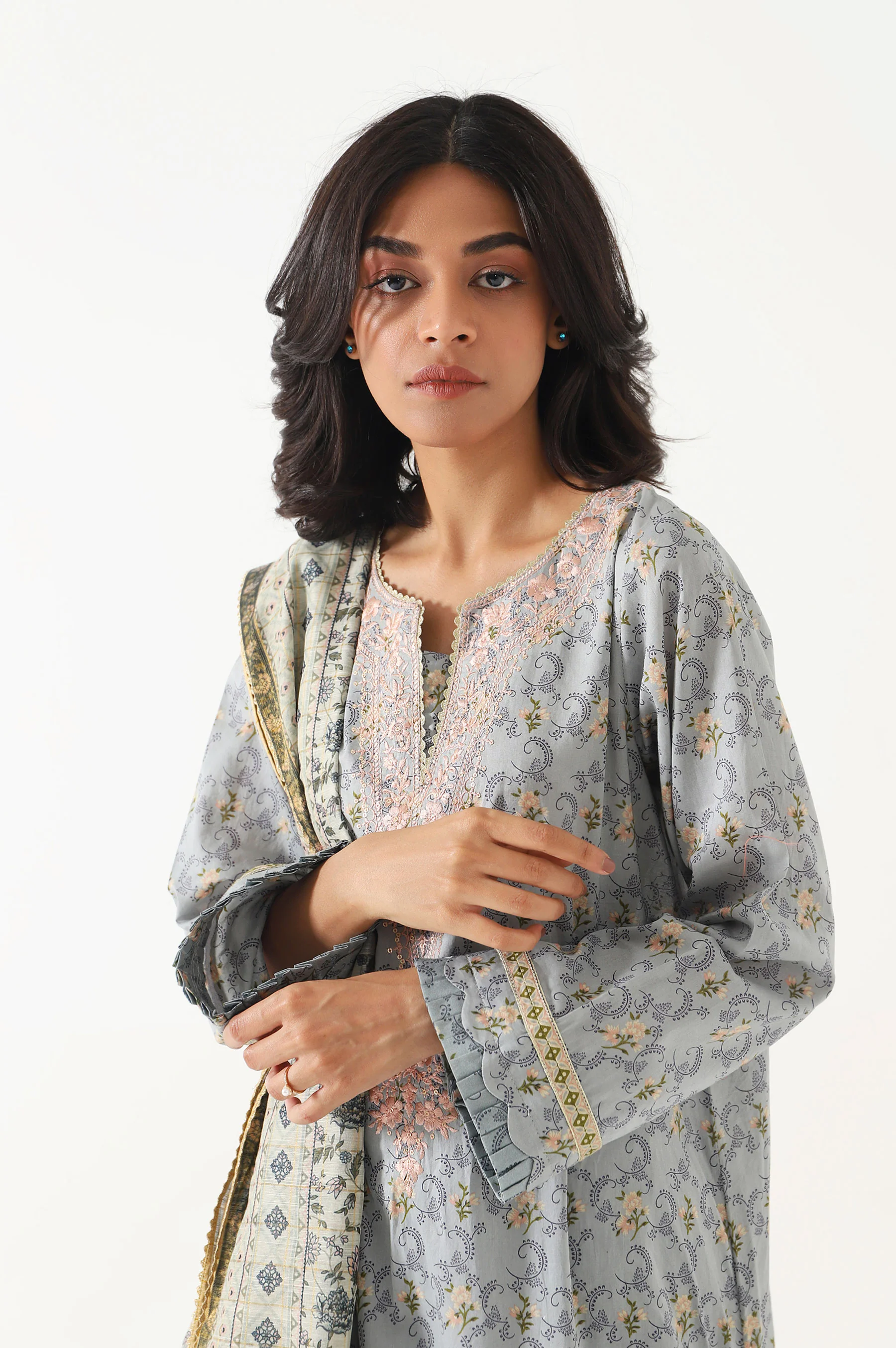 Stitched 3 Piece Embroidered Lawn with Organza Suit - Image 3