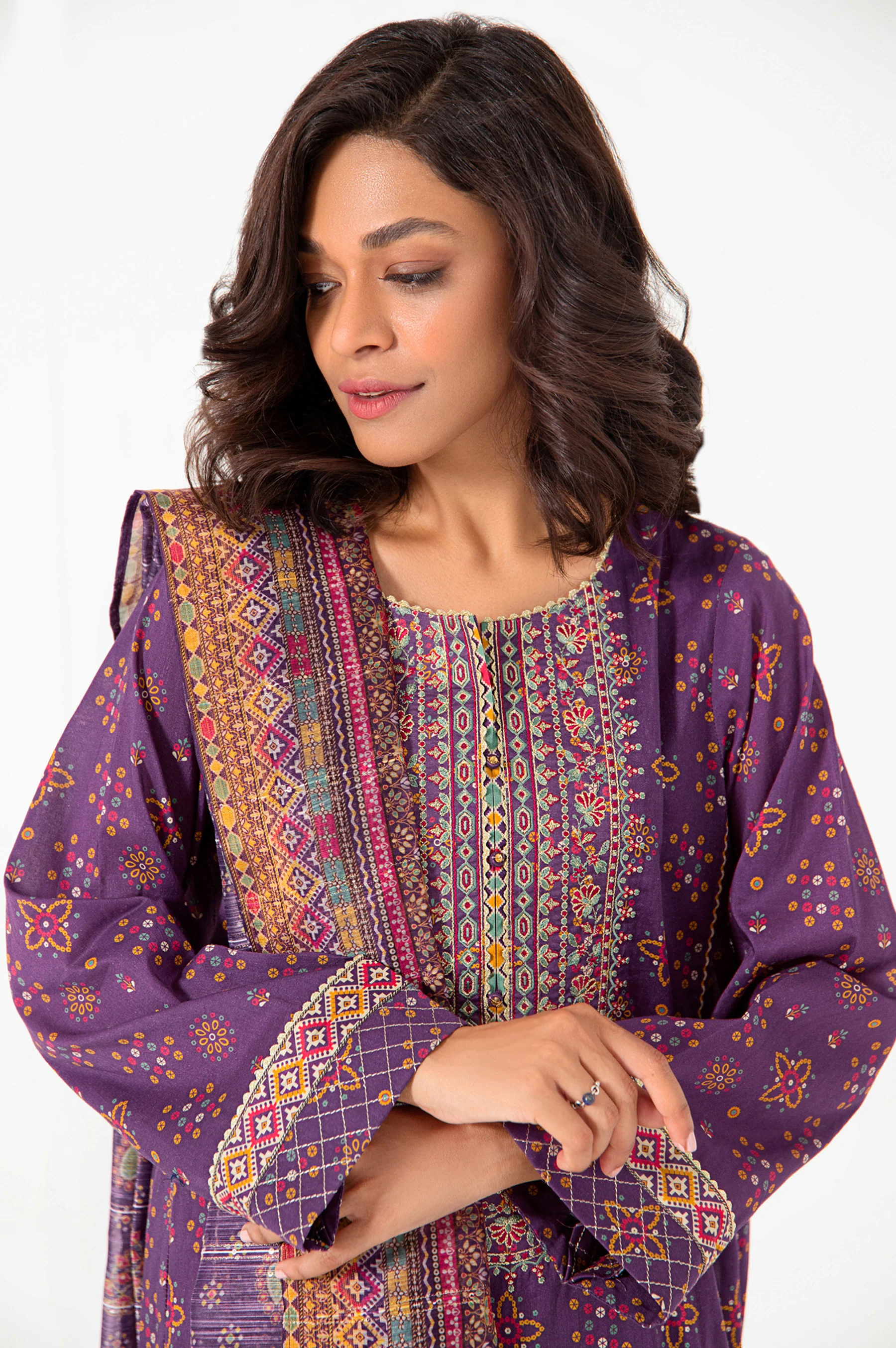 Stitched 3 Piece Embroidered Lawn with Sequins Zari Stripes Suit - Image 5